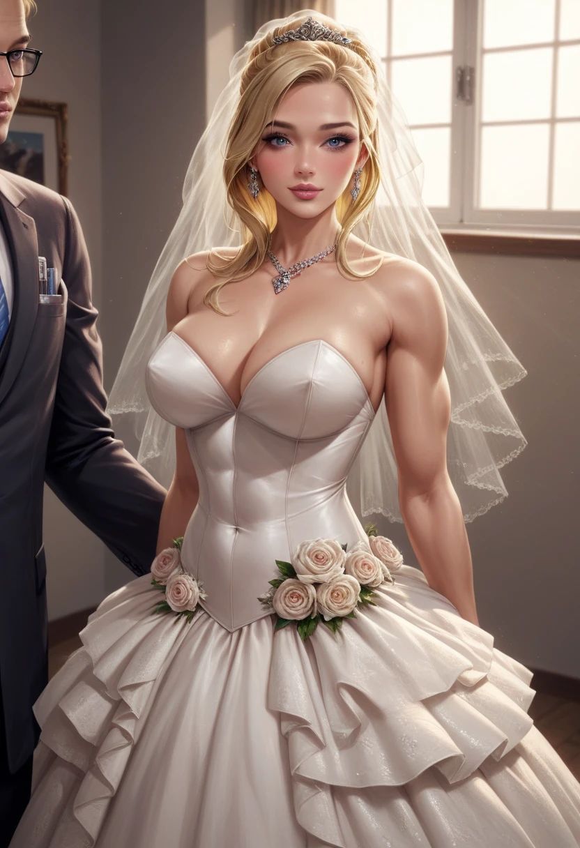 ((masterpiece, better quality)),illustration,ultra detailed 8k,photorealistic,sharp focus,very detailed,professional lighting,colorful details,iridescent colors BREAK blonde woman, wedding dress, muscular