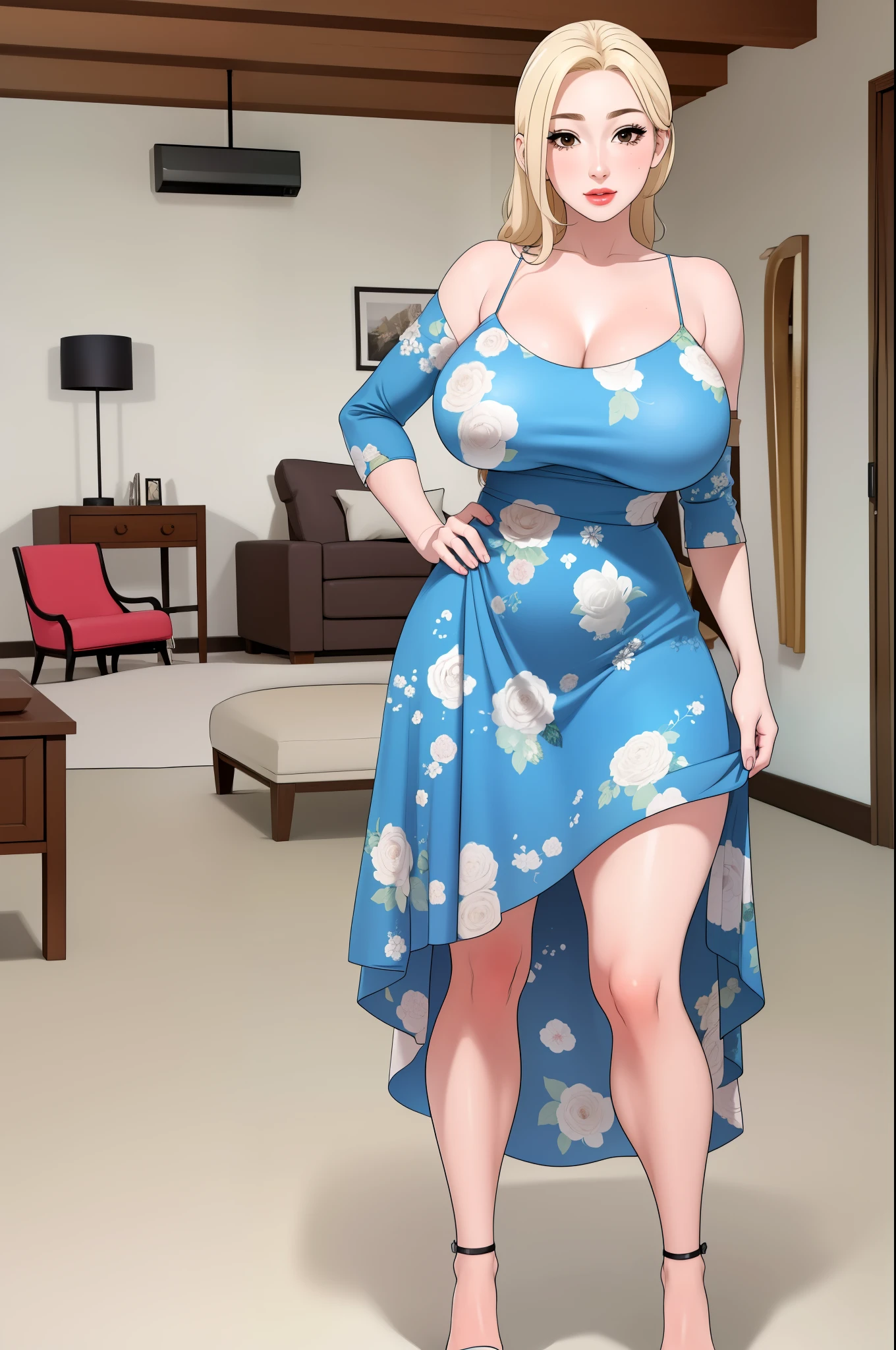 An extremely beautiful woman with blonde hair tied with ribbon, big brown eyes, wearing a long foot-length sky-blue floral dress with spaghetti straps and a v-neckline, a cute smile expression, extremely fair white skin, a perfect busty yet thin curvy body, standing straight. The living room in the background, show her full body from head to foot.