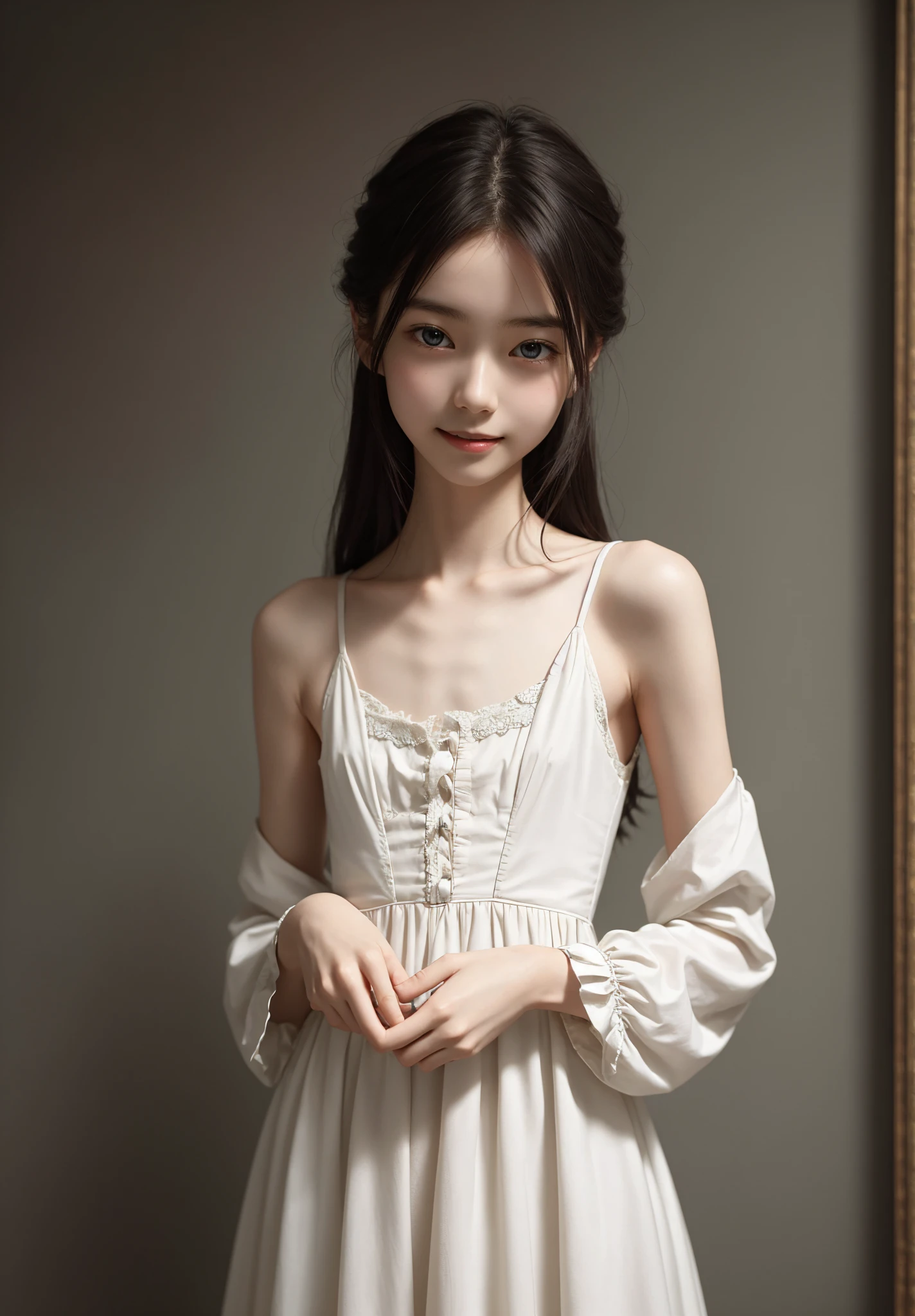 Thin arms,Narrow shoulders,delicate, very skinny ,公式art,  Unity 8k Wallpaper,  super detailed, beautiful, beautiful, masterpiece,  best quality, Darkness,  vibe, mystery, Romanticism, Creepy, literature, art, fashion,  victorian , race,  supernatural ,smile, white skin