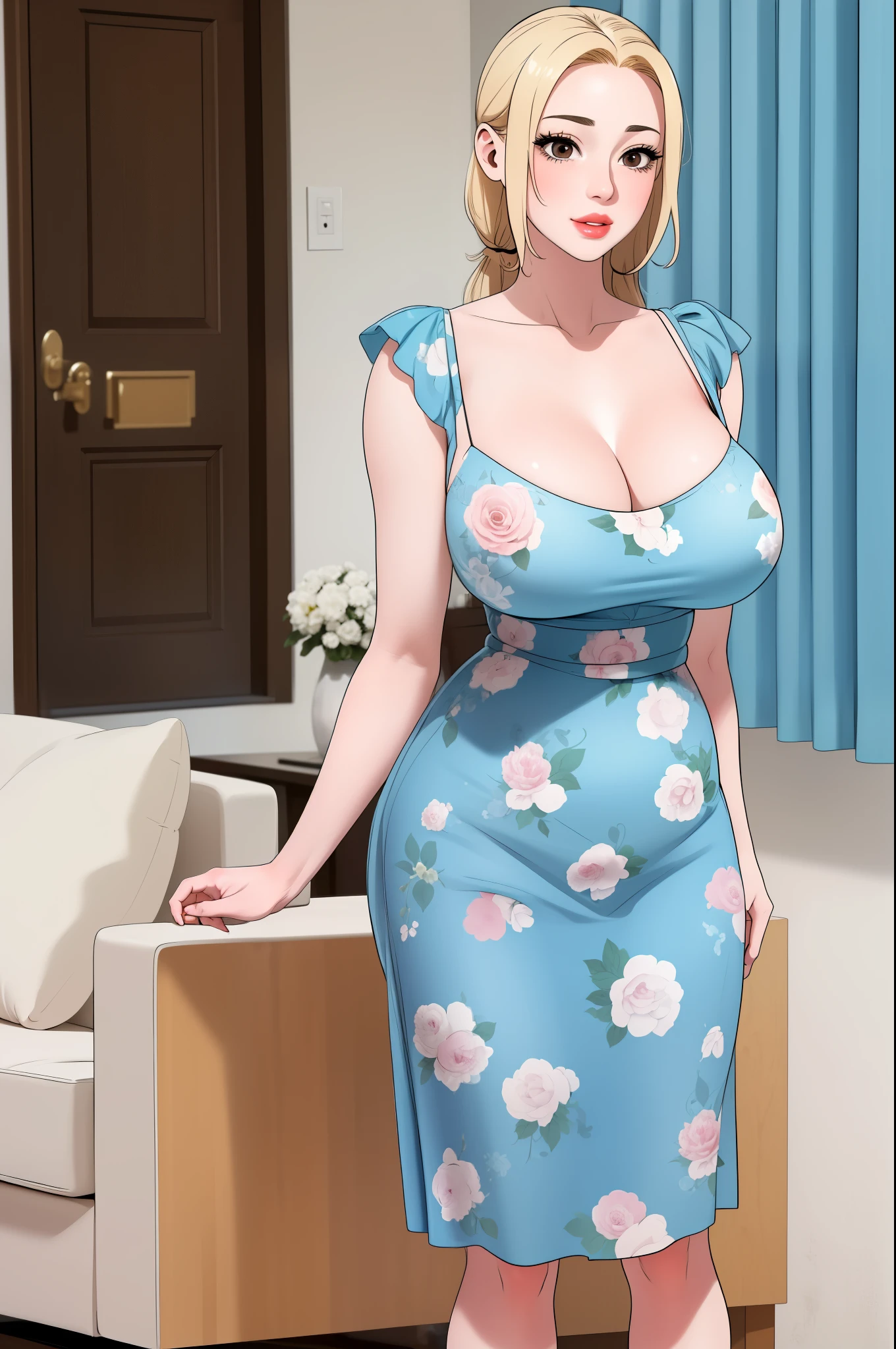 An extremely beautiful woman with blonde hair tied with ribbon, big brown eyes, wearing a long foot-length sky-blue floral dress with spaghetti straps and a v-neckline, a cute smile expression, extremely fair white skin, a perfect busty yet thin curvy body, standing straight. The living room in the background, show her full body from head to foot.