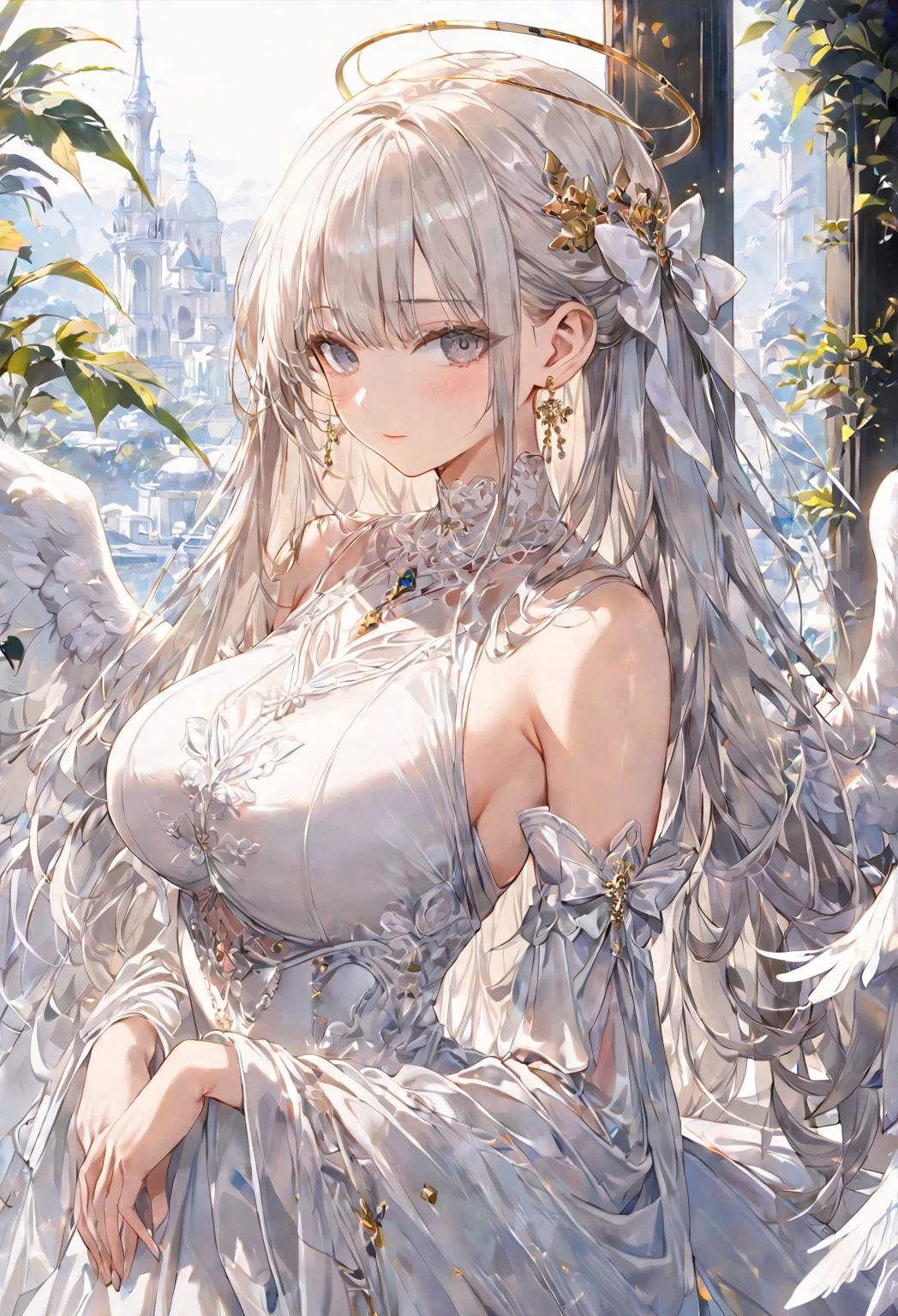 1 girl, solo, angel,
elegant, smooth skin, big breast, radiant appearance, graceful figure, ((White hair)) long hair, very long hair, bangs, grey eyes, serene eyes,
dress, frills, detached sleeves, wide sleeves, white dress, modest neckline, bow, white bow, gem, jewelry, thigh highs, white thigh highs, garter accents, white footwear, high heels, ((White theme)),
closed mouth, calm expression, ((both arms are behind her)),
full body,
outdoor background,
graceful hands, serene eyes, elegant posture, refined anatomy,
((masterpiece)), 4K, 8K, best quality, score_9, score_8_up, score_7_up, ultra-detailed, ((portrait)),