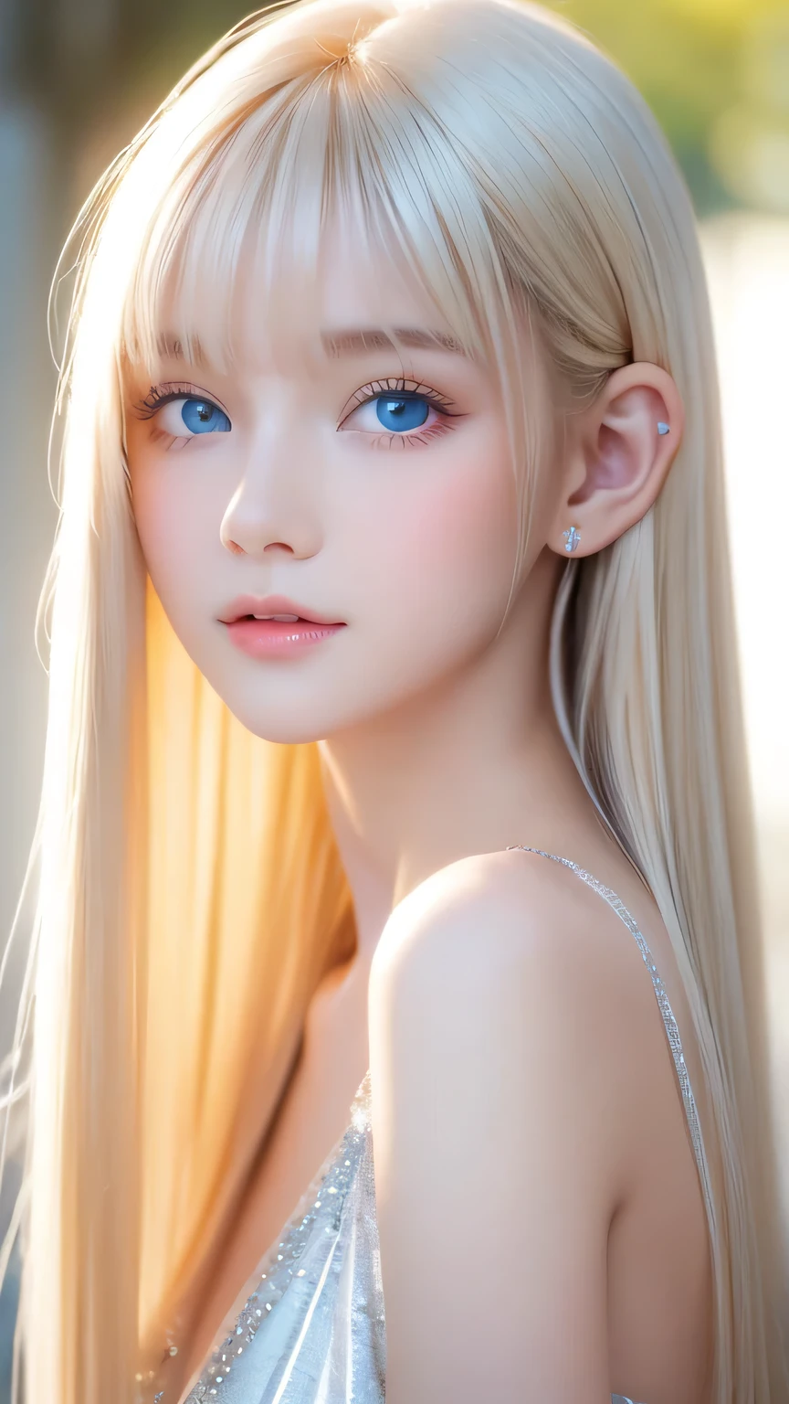 White shiny skin、Mysterious platinum blonde hair color that changes with light、Long bangs obstruct the view、Glossy highlight on cheeks、Very beautiful face、Sexy and very beautiful lovely cute gorgeous face、The most beautiful girl in the world、Super long gorgeous bright blonde hair、smooth straight blonde hair、 Very large, sparkling light blue eyes、very big eyes、beautiful bangs、16 year old beautiful cute girl、small face beauty、cheek gloss highlight、