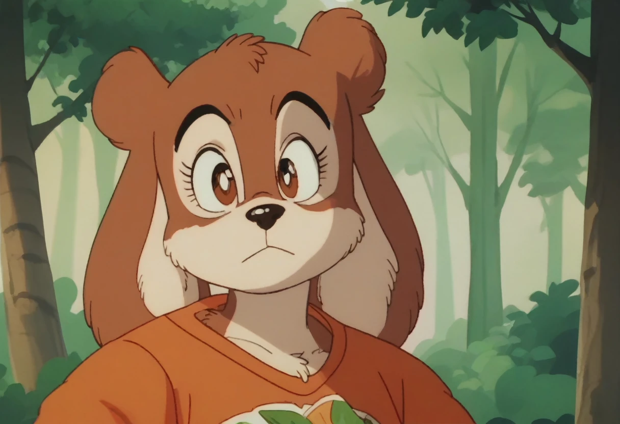 anime screencap,drgbls1, solo, anthro mobian ground squrriel, female, female,_9, score_8_up, score_7_up, score_6_up, forest, upper body, brown fur, Smugglish, expressvie eyes,