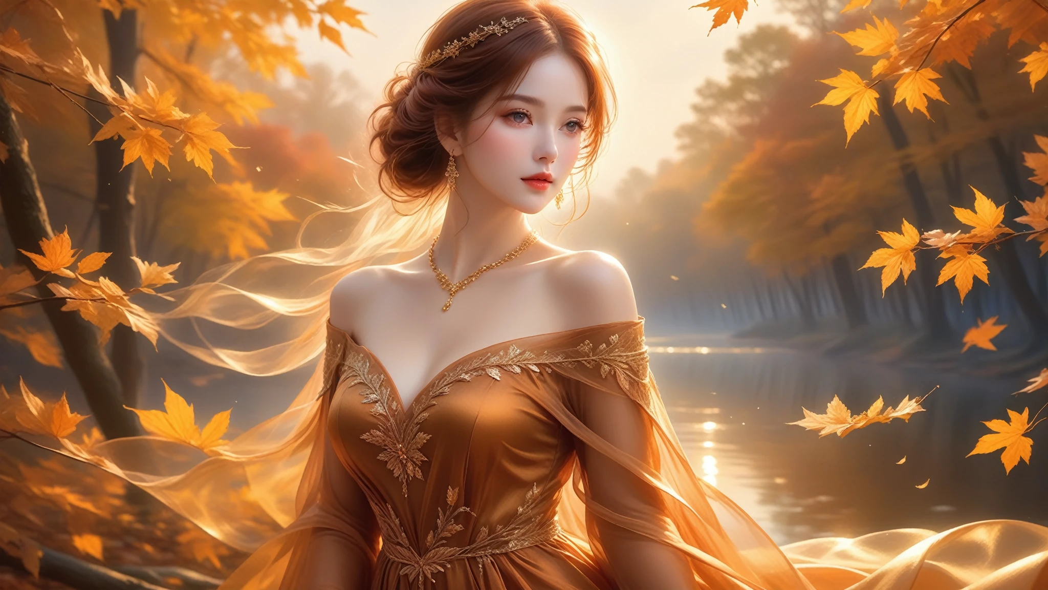 A Masterwork In 32K Resolution, Unmatched Quality, Ultra-Fine Details, Official Art, Supreme 32K Wallpaper, Gorgeous And Ethereal, Highly Detailed Features, Spellbinding Detail, Dutch Angle, Hyper-Realistic, Autumn Landscape. One Girl, Solitary, Auburn And Straight Hair, Long And Flowing, She Is Wrapped In Delicate, Sensuous Silk Fabric, Off-The-Shoulder, Highlight Her Ample Breasts, Sapphire Choker, Exquisite Cleavage, Moonlit Forest, Floating Glimmers Surrounding Her. The Composition Of Her Ethereal Beauty Is Otherworldly, With The Reflected Adding Depth And Magic, Enhanced By Gentle, Dreamlike Lighting That Captures Every Nuance. Her Sculpted, Angelic Face Shines Against The Golden Leaves, Illuminating Her Timeless Grace In This Astonishingly Realistic And Enchanting Scene.