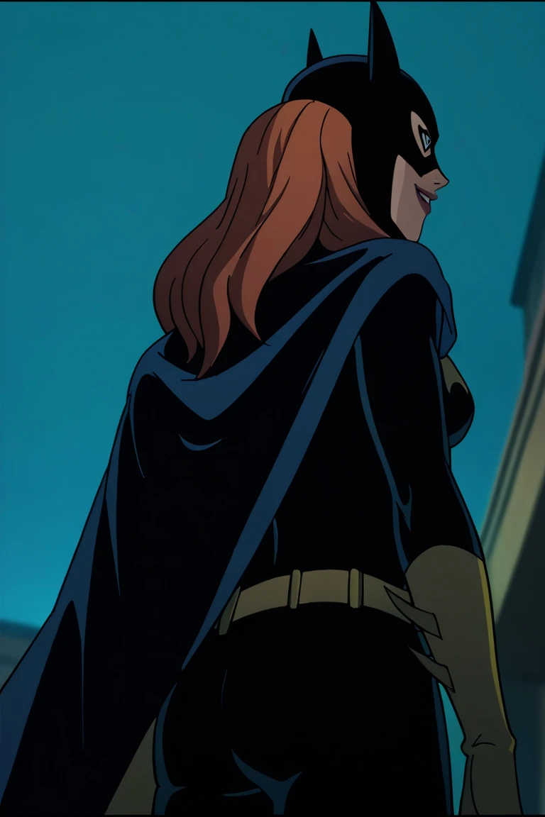 BarbaraG, 1girl, solo, blue cape, blue cloak, blue mask, belt, blue eyes, superhero, long hair, lipstick, batgirl, park, smile, look behind, from behind, cape covered , from below 