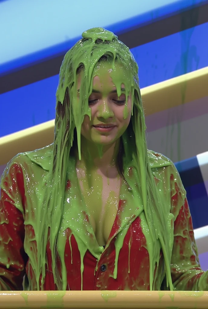 Cinematic photograph of Chinese teen covered in dripping green slime. Wearing white tank top. f/1.4 aperture. hyper-realistic style. (Chinese teen: 1.5). black hair. Long fake eyelashes. Slime. 50mm. 8k. Masterpiece. Inside Nickelodeon gameshow. Figure it out gameshow. Glistening liquid. Raw photo. Delicate eyes. Instagram influencer makeup. Small cleavage. Shouting. Screaming. Angry. Skinny. Petite. Asian Instagram model. Chinese model. Model from China. Sexy Chinese model. Chinese Instagram influencer.