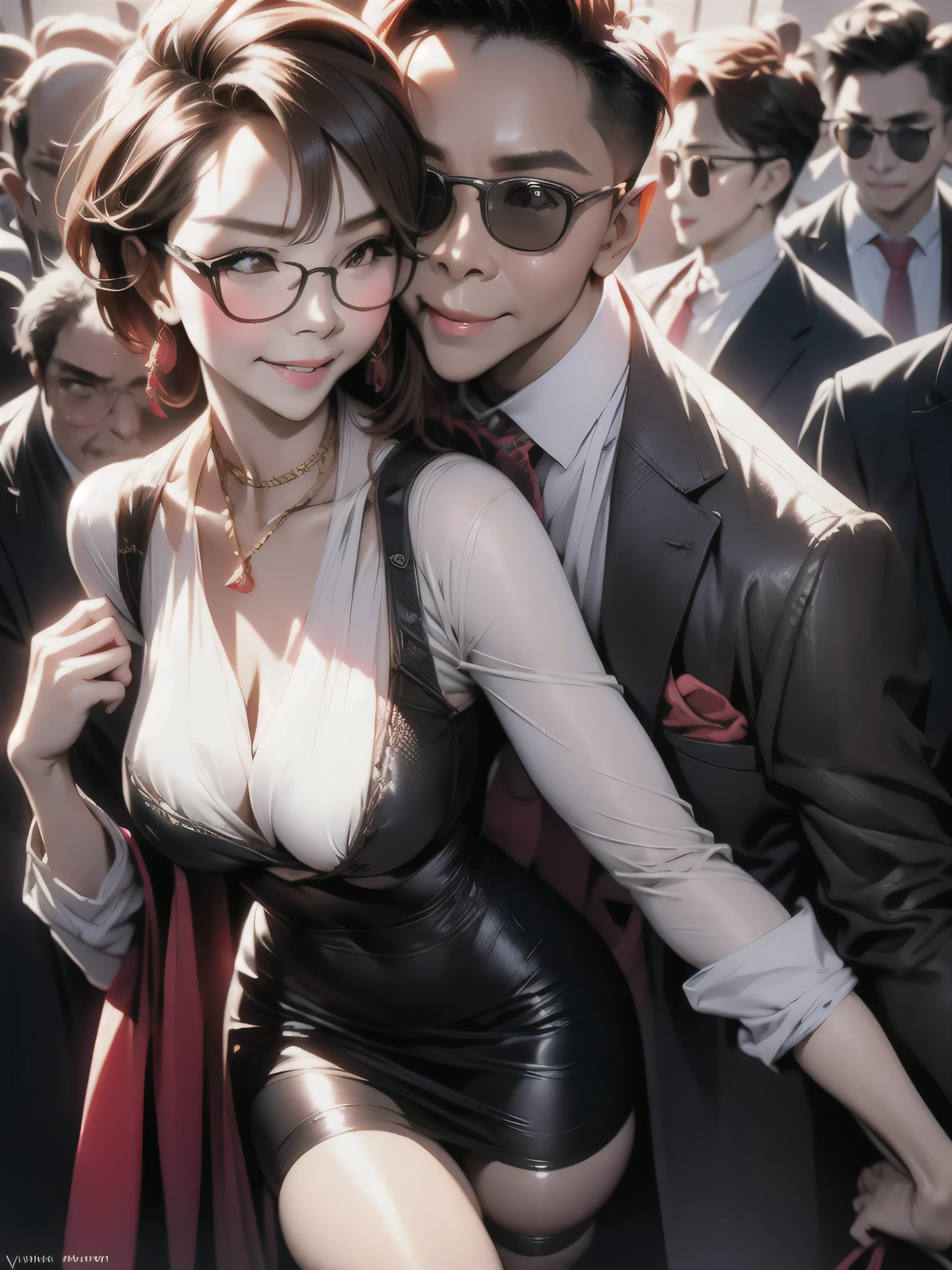 In a crowded street，a beautiful woman wearing sexy suit and an old man are making out on road side, UHD, masterpiece, textured skin, super detail, best quality, 8k