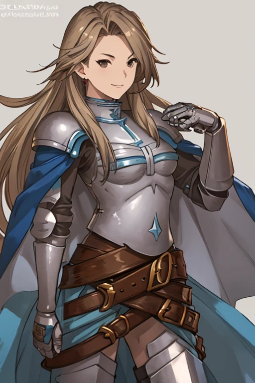 katalina (granblue fantasy), solo, 1girl, armor, gauntlets, belt, breastplate, gloves, shoulder armor, cape, pauldrons, pants, room, smile, standing, best quality, masterpiece, cloak