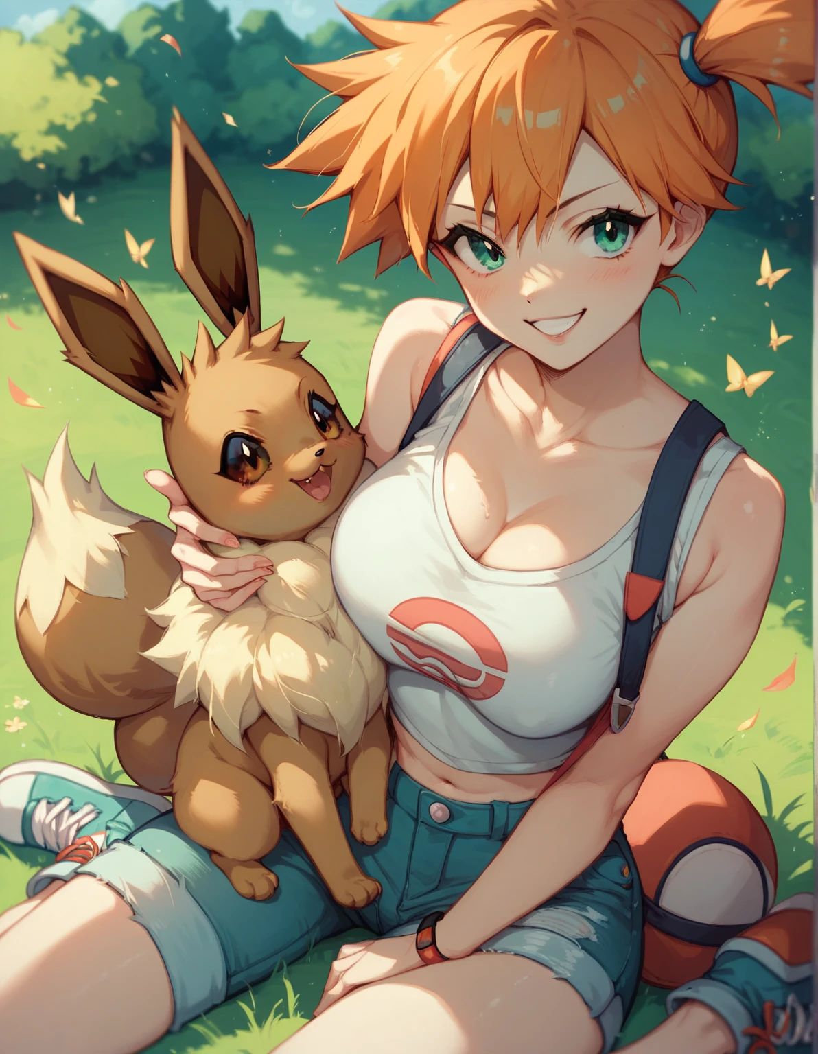 Vivid colors,Brown Hair,Big collar、A garment with an open chest design,Exposed breasts,Pants with no fabric in the crotch area,Exposed pussy,(beige skin,Beige breasts,Beige thighs,Pink nipples,)Light blue eyes,A picture of a woman holding a monster ball, Pokemon Misty, Gainax Anime Style, Also, Masamune Shirow, Inspired by Rei Kamoi, inspired by Un'ichi Hiratsuka, Singey, Cool pose, dramatic Grin pose, Female protagonist 👀 :8, Grin, rei hiroe