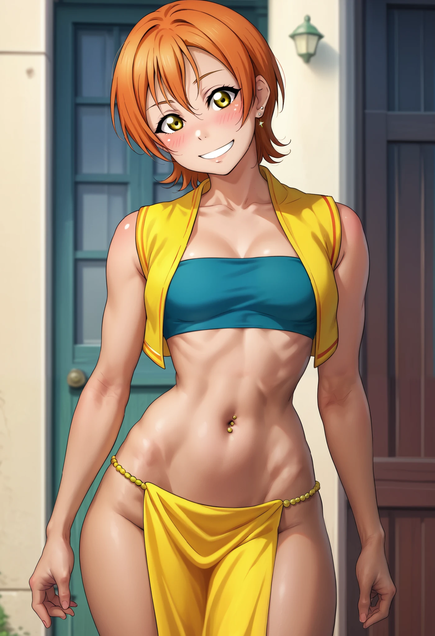 masterpiece, best quality, realistic anime style,love live art style, rin hoshizora, (yellow eyes:1.3), orange hair, medium hair, cropped_vest, tube top, midriff, micro pelvic curtain, narrow waist, African clothes,shy pose , poor African street , blushing ,RUKIA Style,Ectomorph, skinny body,Lean with visible bones, blushing smile,navel piercing