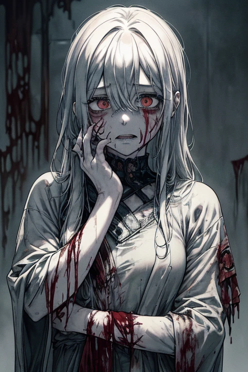 komaeda_nagito,1boy, alone,crying,wearing men's white T-shirt,extremely detailed,teary eyes,soaked lashes,emotional expression,intense sadness,dripping tears,rosy cheeks,crazy eyes,crazy smile,mental illness,true-to-life textures,highly refined details,perfect anatomical structure,vibrant hues,artistic composition,breathtaking realism,masterful craftsmanship,highly emotional scene,silent sorrow,in a mental asylum, dim lighting,red blood,blood splatter, horror, creepy,moisture in the air, stark contrast,moody ambiance,precise contours,striking emotion,touching portrayal,painstaking attention to detail,aesthetically pleasing,heart-wrenching,deeply moving artistry