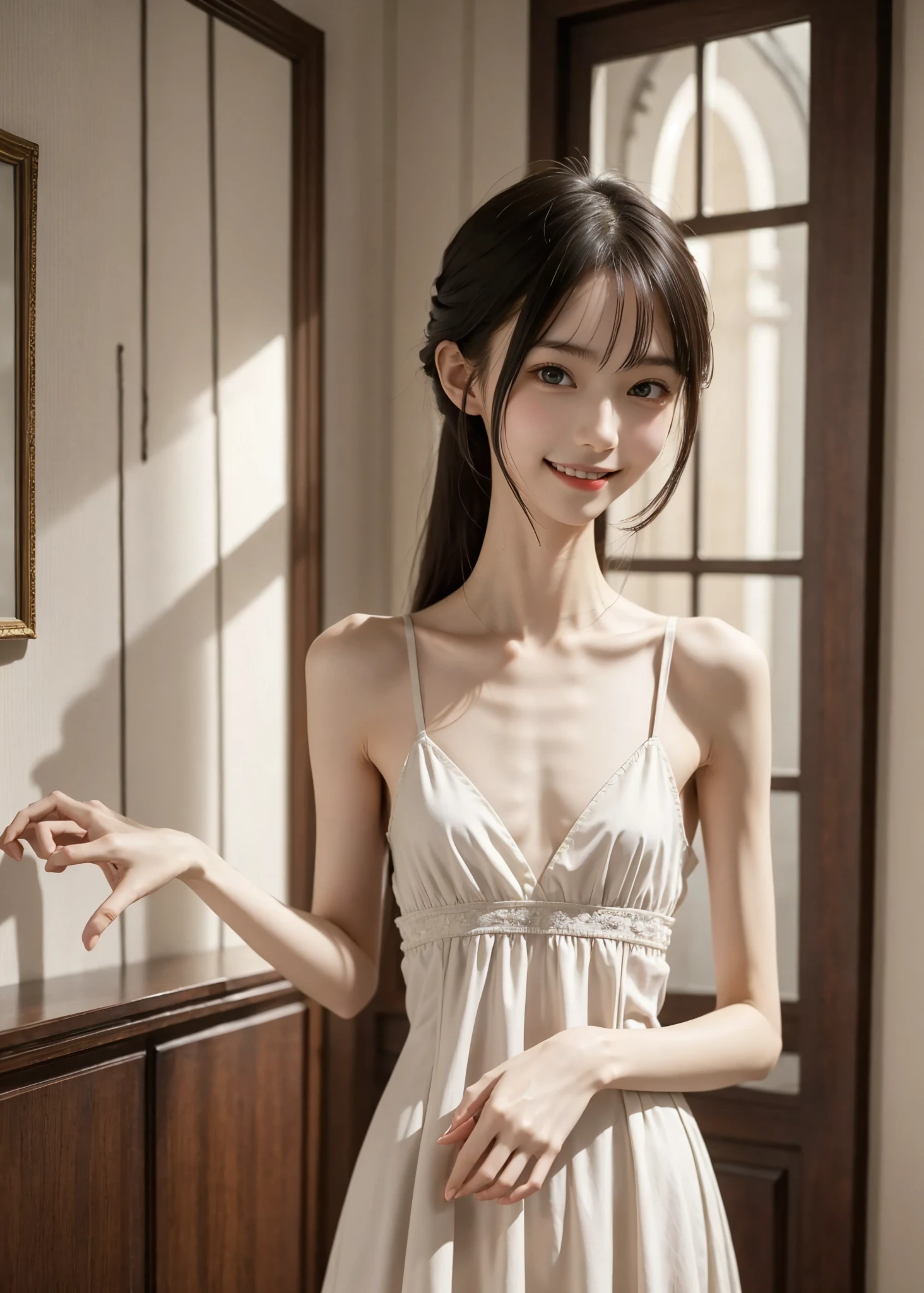 Thin arms,Narrow shoulders,delicate, very skinny ,公式art,  Unity 8k Wallpaper,  super detailed, beautiful, beautiful, masterpiece,  best quality, Darkness,  vibe, mystery, Romanticism, Creepy, literature, art, fashion,  victorian , race,  supernatural ,smile, white skin