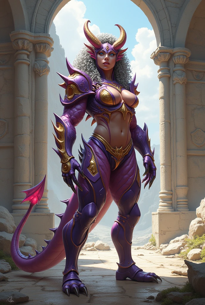 Fury, large purple hair,lips, no pupils, white eyes, forehead mark,
standing, close up, facial view,
shoulder armor,breastplate,gauntlets,pelvic curtain, boots, destroyed city,
large trees, street, morning,
(insanely detailed, beautiful detailed face, masterpiece, beautiful detailed eyes, best quality)