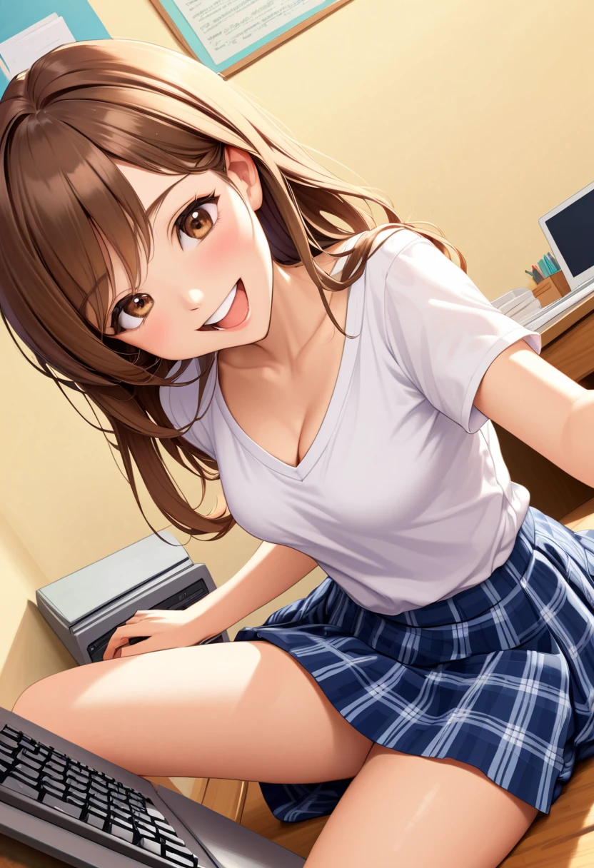 detailed illustration, dynamic angle, ultra-detailed, illustration, 1girl, 18 year old, school girl, white blouse, blue plaid skirt, thighs, wavy brown hair, long hair, bright brown eyes, cleavage, medium breasts, sitting in a bedroom, desk, computer, smiling, naïve, blushing, horny, happy, joy, delight,