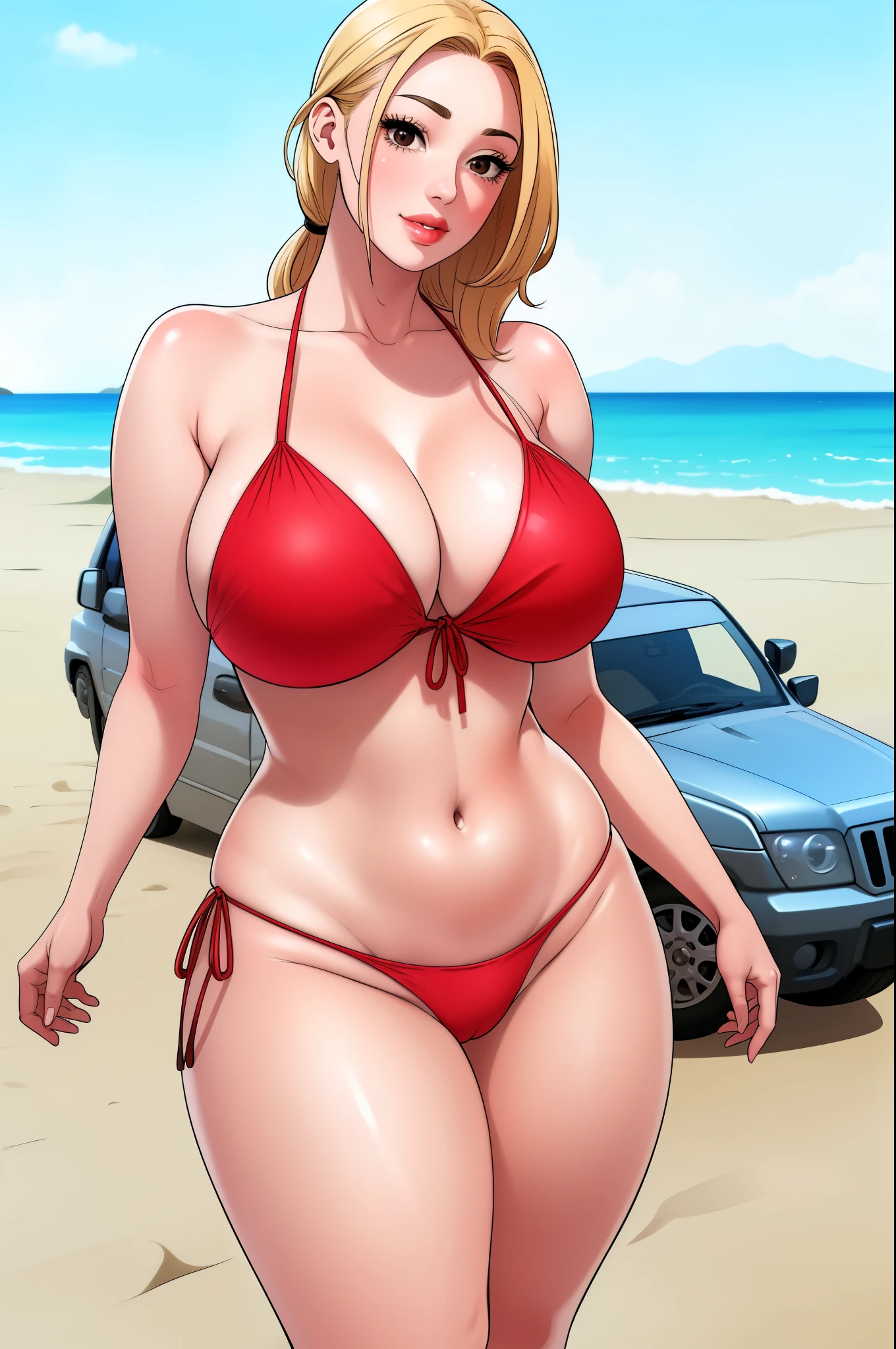 An extremely beautiful woman with blonde hair tied with ribbon, big brown eyes, wearing a sexy red bikini, a cute smile expression, extremely fair white skin, a perfect busty yet thin curvy body, standing straight. big black jeep and beach in the background, show her full body from head to foot.