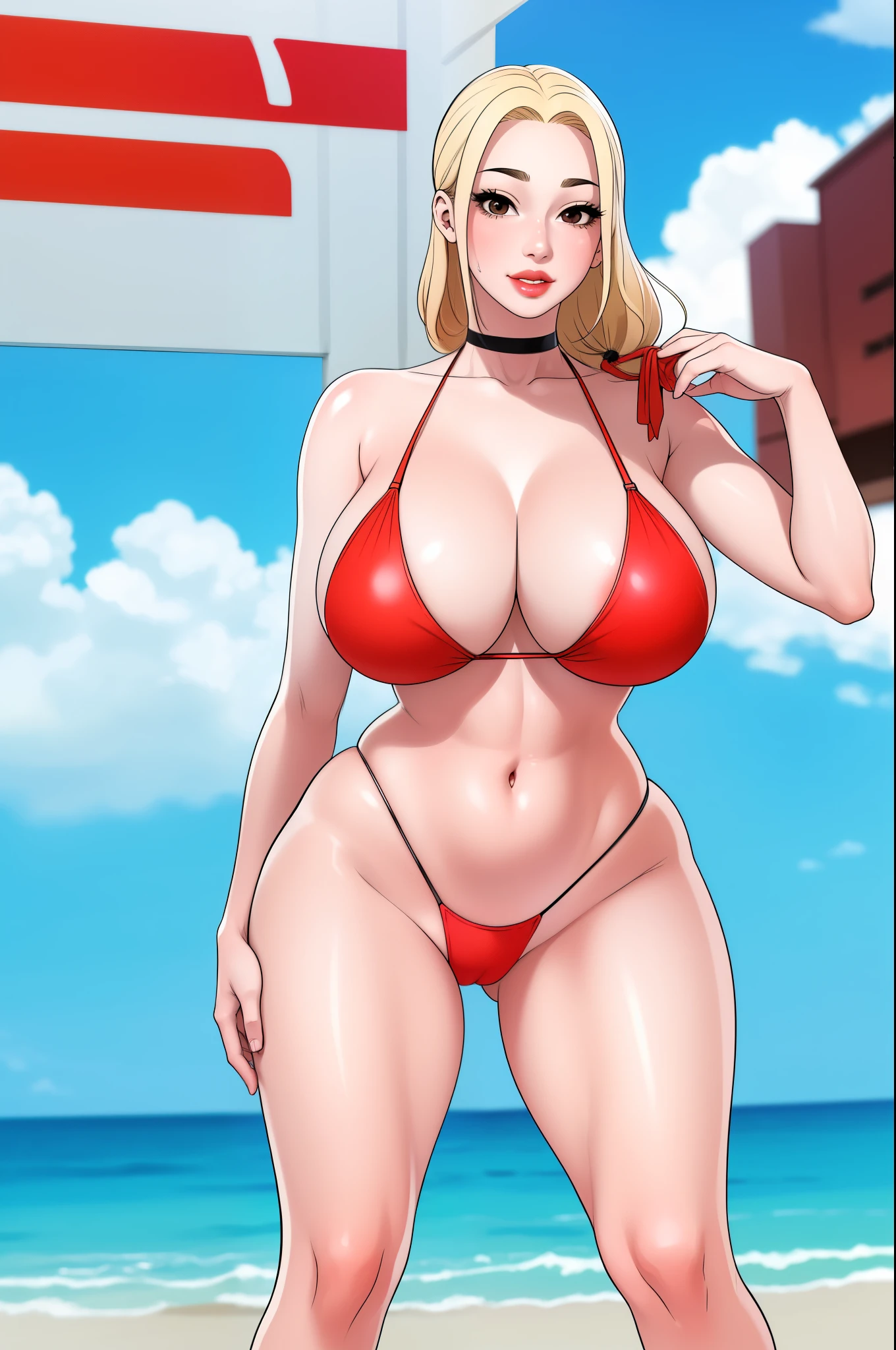 An extremely beautiful woman with blonde hair tied with ribbon, big brown eyes, wearing a sexy red bikini, a cute smile expression, extremely fair white skin, a perfect busty yet thin curvy body, standing straight. big black jeep and beach in the background, show her full body from head to foot.