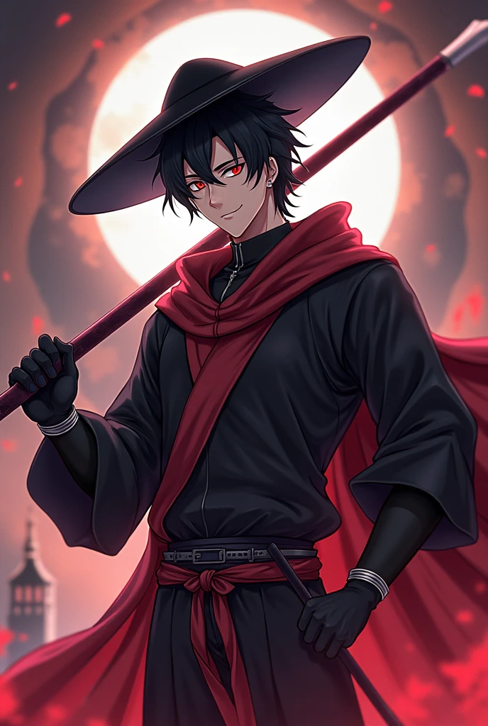 boy assasin, smiling with bamboo hat, one red eye and other black. Scar under the eye, katana on the belt, dark green tabi. Red scarf