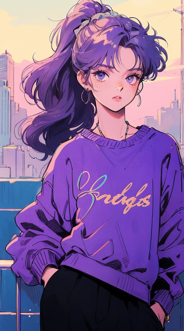 Anime de los 90, Illustrator, realistic,sketch , 1 person, white girl with freckless, colorful sweatshirt clothes, bling-bling, violet hair, long ponytail , she is standing , pose sexy, Texture Cutout , ( masterpiece , Highest quality),city lights in the backgroudnd