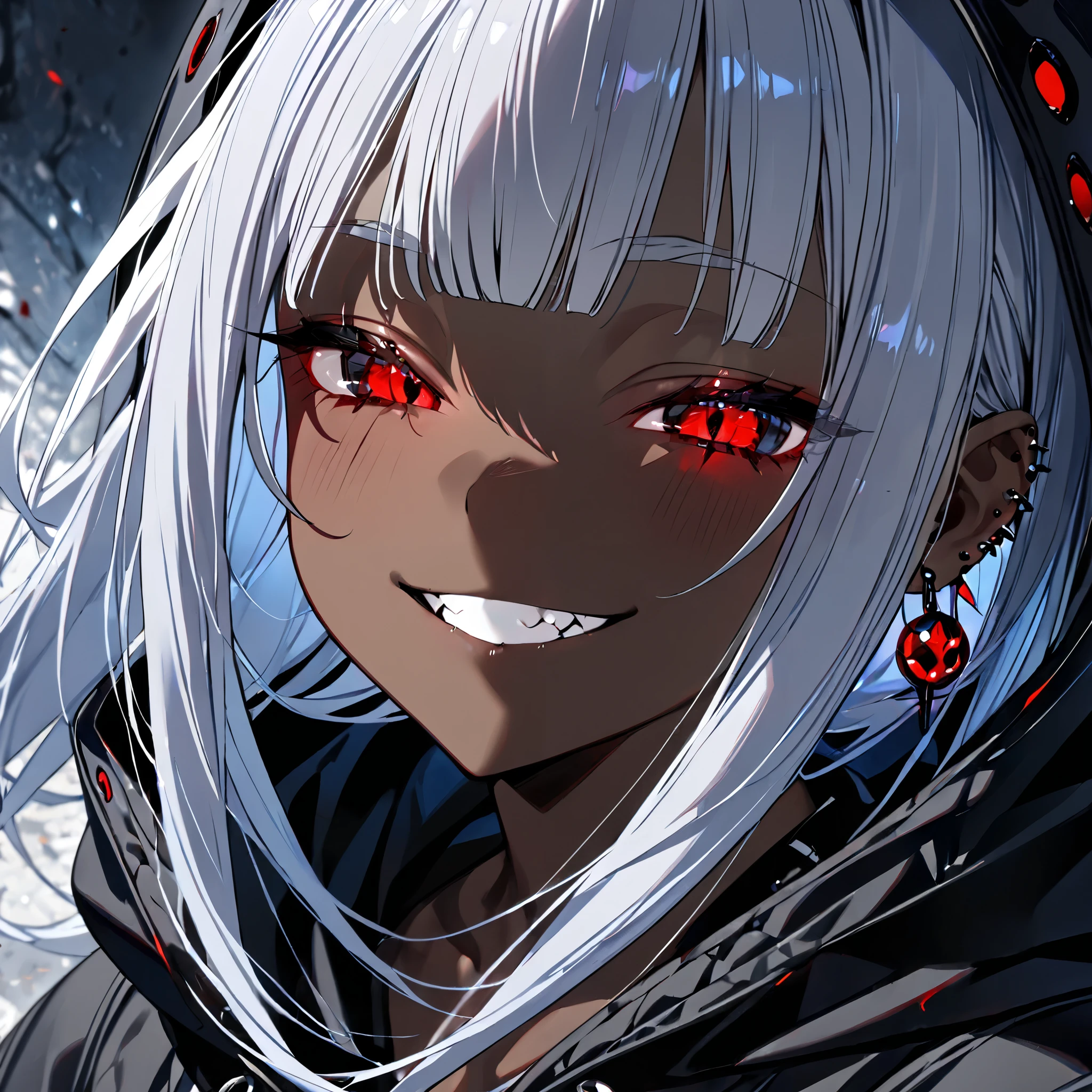 (dark-skinned female:1.4), half closed eyes, nihilistic smile, cute villain girl, hoodie, hood up, glowing red eyes, ((Blueish gray hair)), (sidelocks:1.3), long hair, [curvy], pierced earring, extreme close up, throw, Atmospheric Perspective, 8k, super detailed skin, (rating_safe)