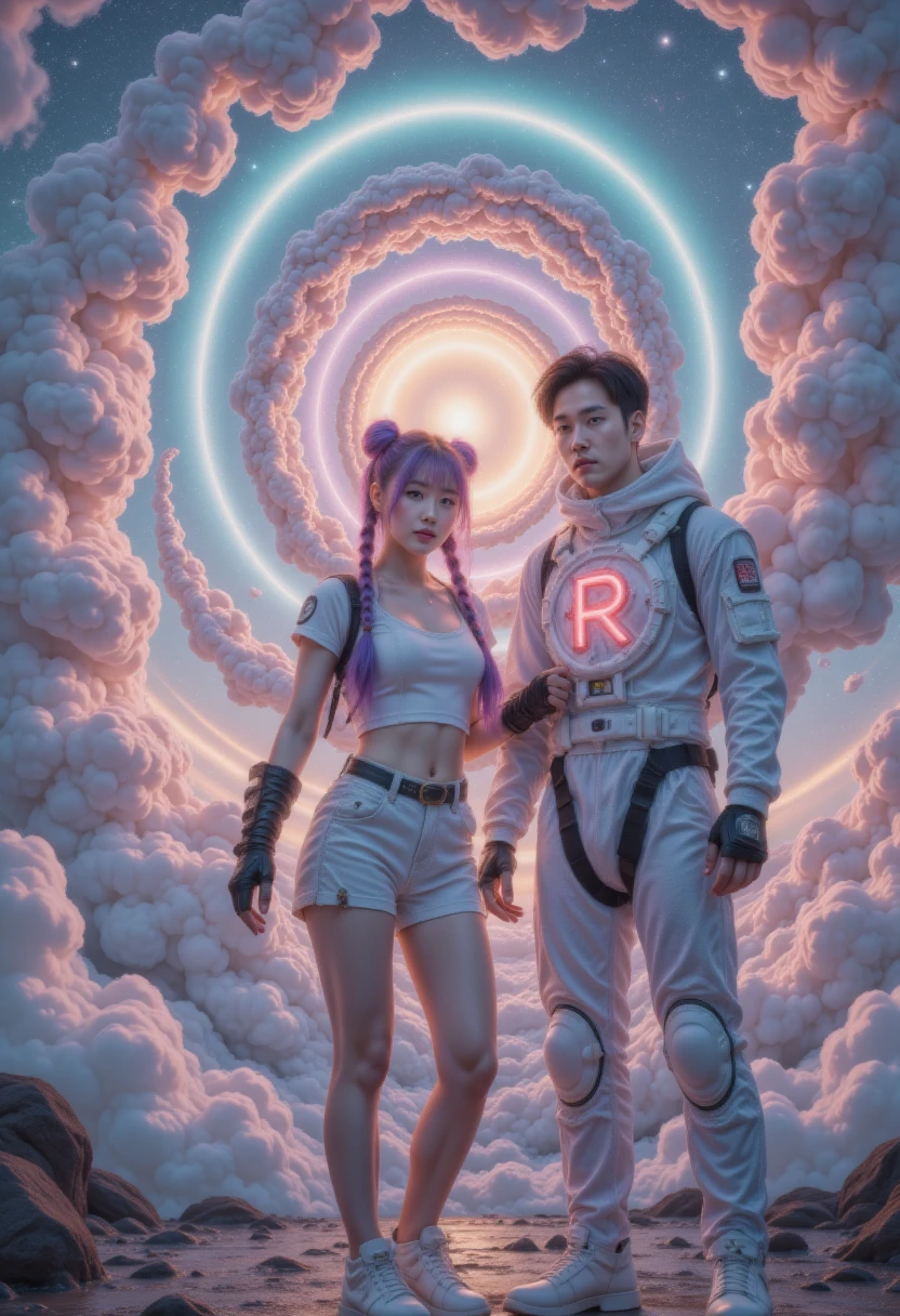 one lady， twilight ，Spiral Cloud，back，(Hyper-Reality:1.4)， best quality, (masterpiece:1.2), illustration, absurd, Japanese Manga,
(A man， a woman( Purple and White Gradient Double Braids)), 
 glasses, Rocket,Rocket uniform, Red letter R,  white short top , black elbow gloves 
 ( looking at the audience )