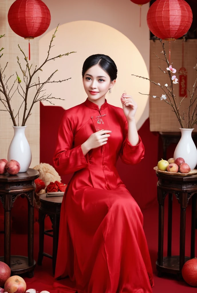 mymy, A high-fashion editorial shot of a Lisamy dressed in a vibrant red silk ao dai with exaggerated, stylized sleeves and a dramatic high collar. Her hair is arranged in a high-fashion, structured bun, with delicate loose strands adding a touch of elegance. She holds a red lì xì envelope, adding a pop of traditional flair. She sits on a vintage wooden chair with intricate carvings, flanked by a tall peach blossom in a white vase and a stunning arrangement of traditional Vietnamese fruits, all meticulously styled. The background is adorned with oversized red lanterns and minimal Tet decorations, creating an elevated, chic setting that blends modern editorial photography with cultural heritage