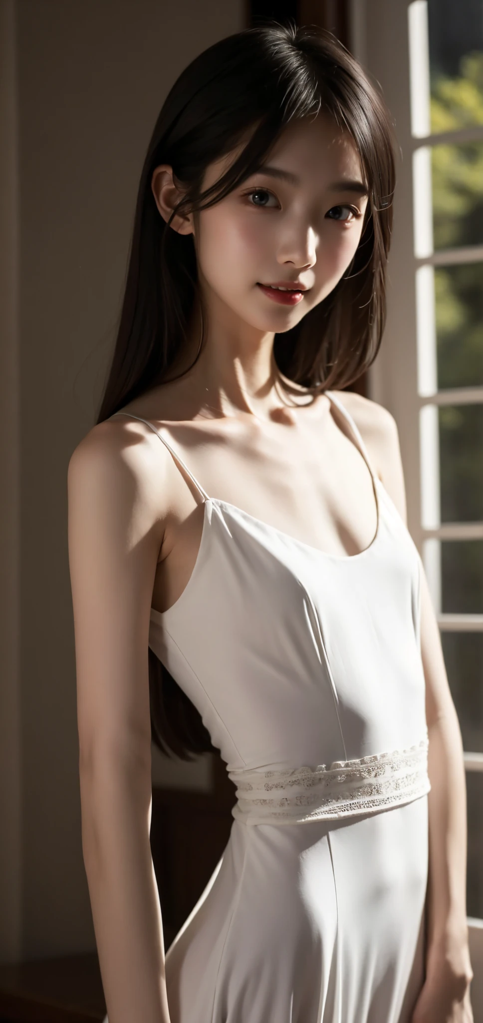 Thin arms,Narrow shoulders,delicate, very skinny ,公式art,  Unity 8k Wallpaper,  super detailed, beautiful, beautiful, masterpiece,  best quality, Darkness,  vibe, mystery, Romanticism, Creepy, literature, art, fashion,  victorian , race,  supernatural ,smile, white skin