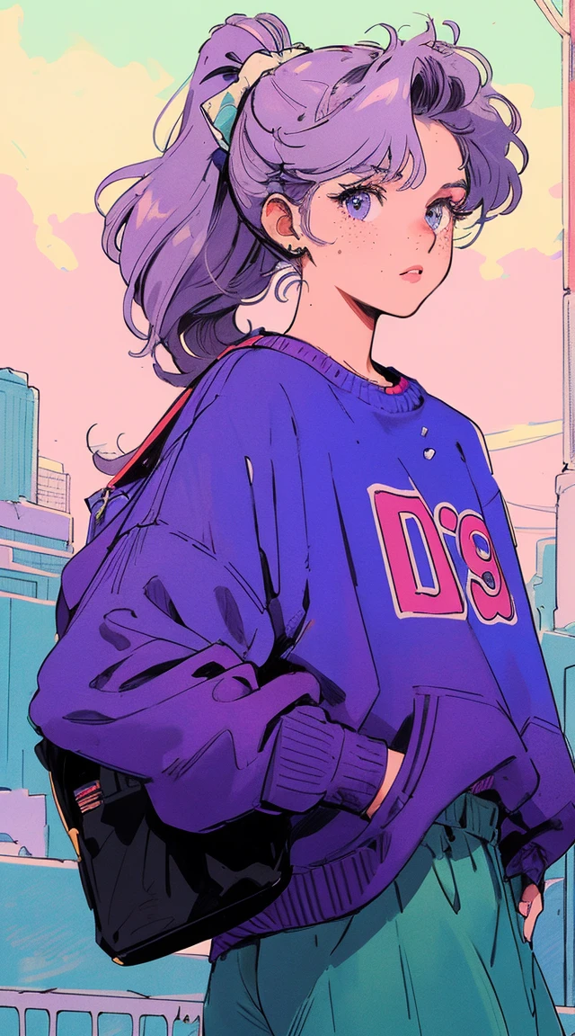 Anime de los 90, Illustrator, realistic,sketch , 1 person, white girl with freckless, colorful sweatshirt clothes,a bag, violet hair, long ponytail , she is standing , pose sexy, Texture Cutout , ( masterpiece , Highest quality),city lights in the backgroudnd