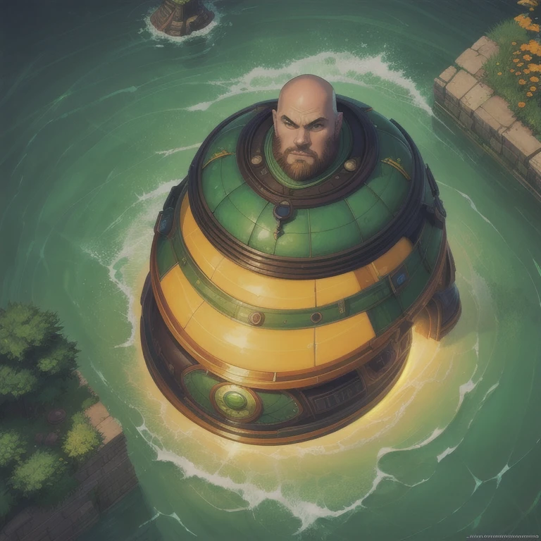 orange00d, (arte de Jason Rhoades:1.2), aerial shot of a rotund Male Investigator, Bald hair styled as curly, sunny, caustics, League of Legends Splash Art,  trending on ArtStation, 