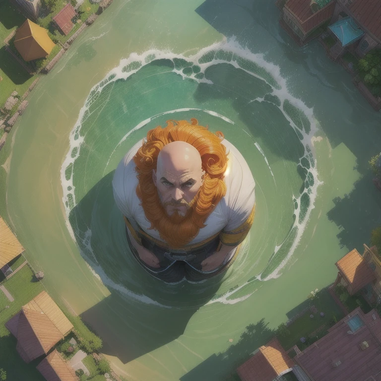 orange00d, (arte de Jason Rhoades:1.2), aerial shot of a rotund Male Investigator, Bald hair styled as curly, sunny, caustics, League of Legends Splash Art,  trending on ArtStation, 