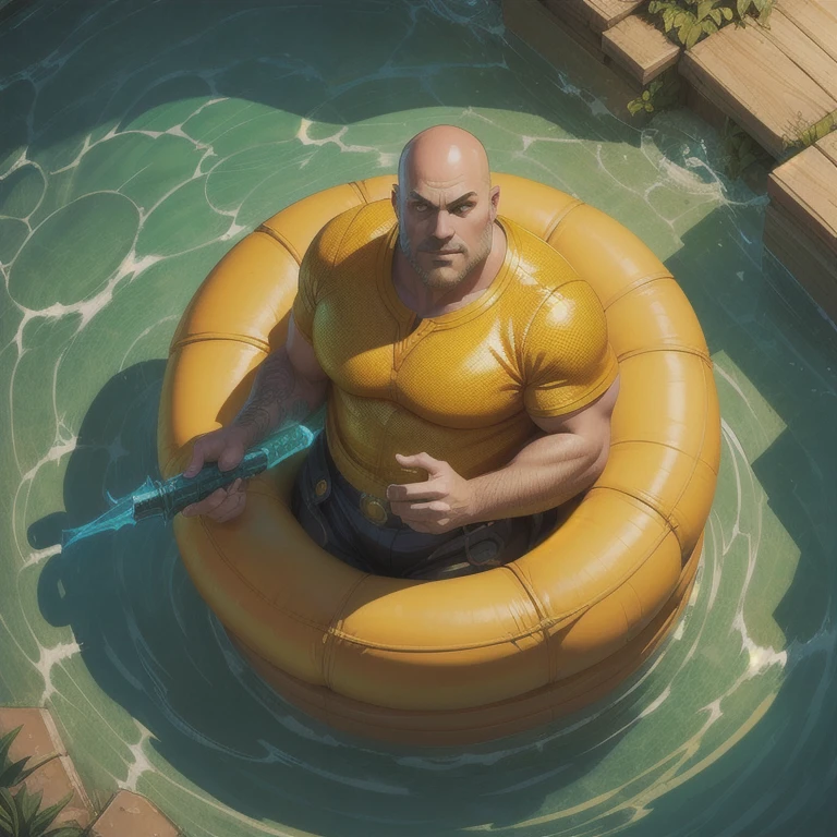 orange00d, (arte de Jason Rhoades:1.2), aerial shot of a rotund Male Investigator, Bald hair styled as curly, sunny, caustics, League of Legends Splash Art,  trending on ArtStation, 