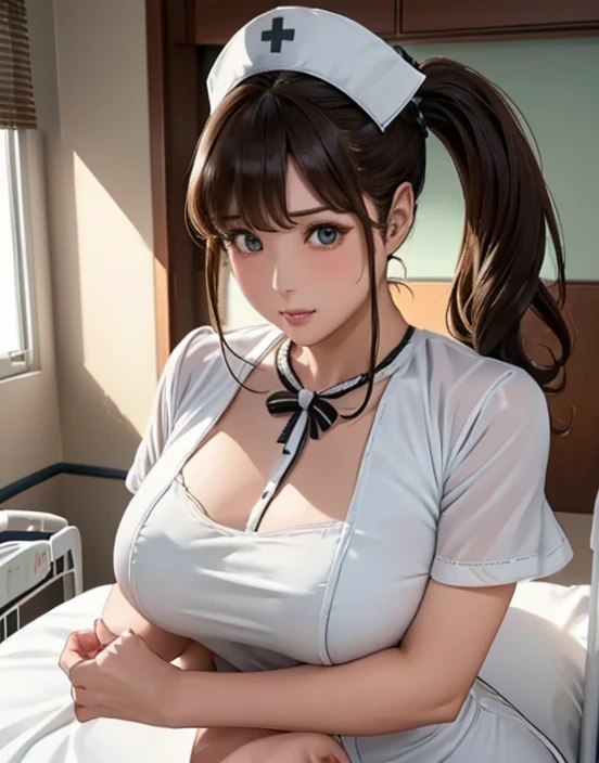 masterpiece、 best quality、 super detailed、 real、3d、 Ultra Fine Illustrations 、CG、4K、8k、（1loli、18 years old、 curvy 、Big Breasts、 oily skin ：1.2）、 Beautifully Detailed Face and Eyes 、（ Beautifully Detailed Black Long Ponytail 、Forehead D 、 that pees ：1.2）、(( beautifully detailed mine-line nurse costume:1.6、Short sleeve、black 20 denier pantyhose:1.3、Nurse shoes、 nurse cap ：1.2))、（ Sit by the Bedside :1.6、 cross your legs 、 arms crossed:1.4）、((From below:1.8、 cowboy shot、Watch the viewers below ：1.4))、morning、sunlight、((In the hospital:1.8、Large hospital room:1.4))、