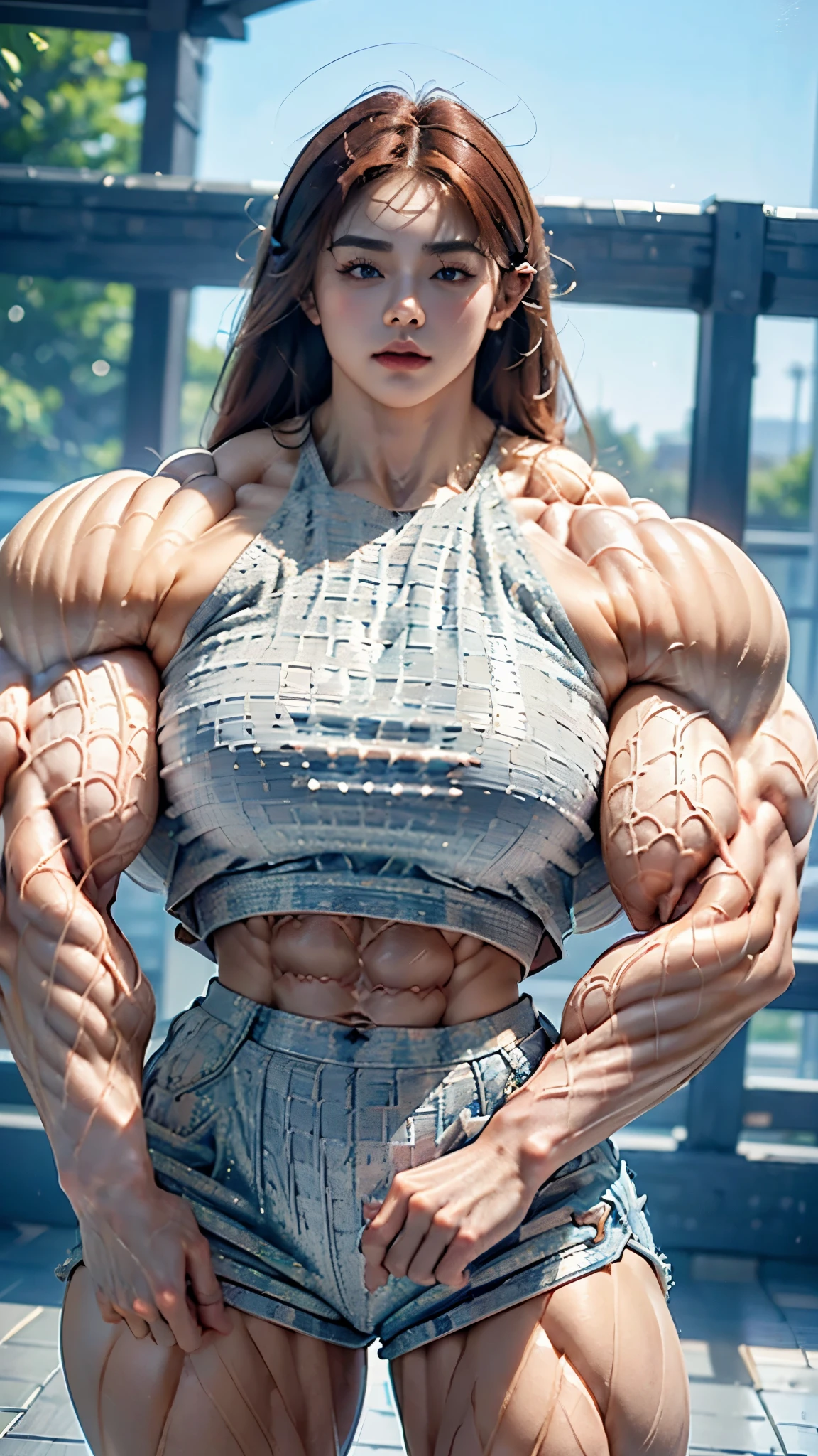 Highest quality、High resolution、Very detailed、Bright lighting、One girl、Full body photo、Black Hair、(((Short Hair)))、smile、tall、(((female bodybuilder:1.5)))、(((Big Tits)))、(((Bikini)))、(((muscular)))、(((Hyper huge Muscle:1.5)))、(((Incredibly large muscles:1.5)))、(((Extremely large muscles:1.5)))、huge、(((Huge body)))、((Long legs))、(((very thick paws)))、(((Expanding Body)))、(((Huge body)))、(((An immeasurably large body:1.5)))、(((Very small face)))、(((Unusually developed super huge breasts:1.5)))、(((Super Heavy Muscle:1.5)))、(((Hyper Heavyweight Muscle:1.5)))、(((Super huge body:1.5)))、(((Unreasonably small face:1.5)))、(((An extraordinary large body:1.5)))
