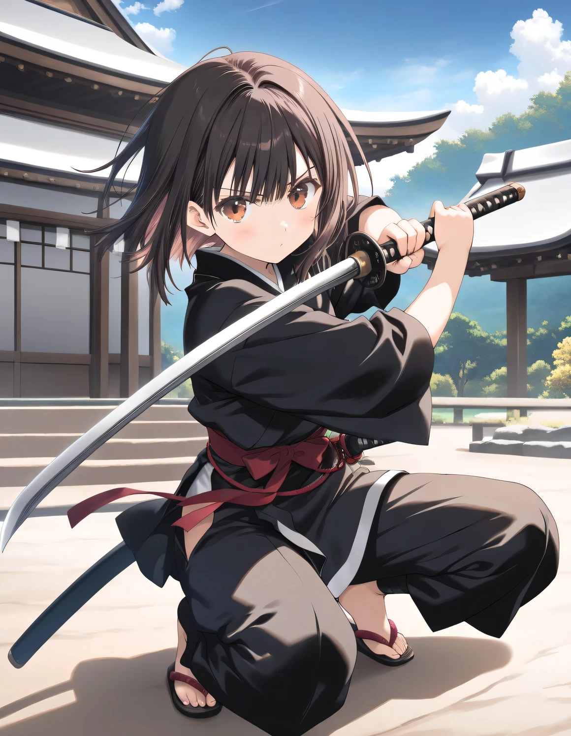 1girl, little female,  samurai, katana, fighting pose, battoujutsu stance, outdoors,wind, fantasy, game CG, break,((artist:mitsumi_misato)),(artist:fujiyama),(artist:suzumori),(masterpiece), (best quality), (ultra-detailed), very aesthetic, newest, beauty illustration,super detailed skin, (masterpiece), (best quality), (ultra-detailed), very aesthetic lighting,newest ,hi res,absurd_res,2023,shaded,digital media (artwork), realistic lighting, 4k, 8k, 