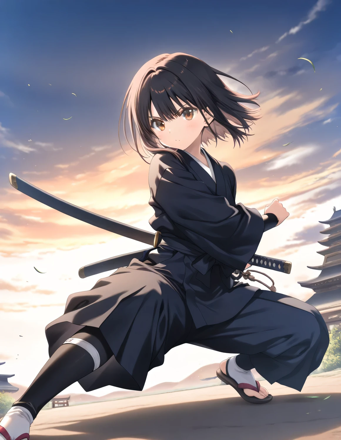 1girl, little female,  samurai, katana, fighting pose, battoujutsu stance, outdoors,wind, fantasy, game CG, break,((artist:mitsumi_misato)),(artist:fujiyama),(artist:suzumori),(masterpiece), (best quality), (ultra-detailed), very aesthetic, newest, beauty illustration,super detailed skin, (masterpiece), (best quality), (ultra-detailed), very aesthetic lighting,newest ,hi res,absurd_res,2023,shaded,digital media (artwork), realistic lighting, 4k, 8k, 