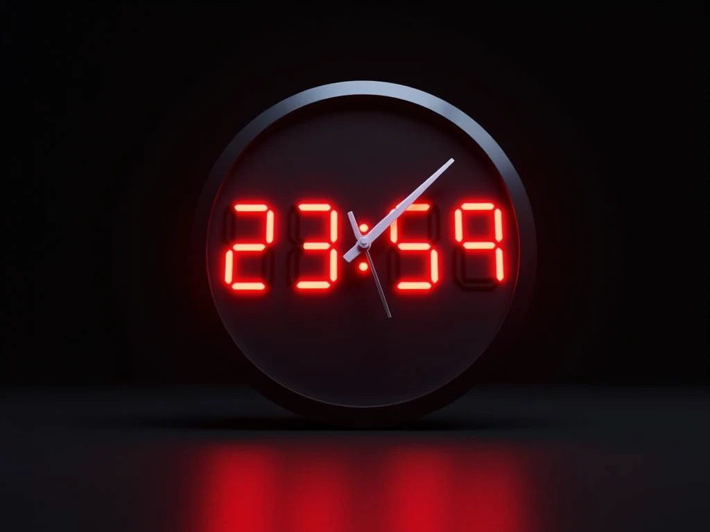 An illustration of a 3d digital clock with a black background, marking the time "23:59", in the colors red and white