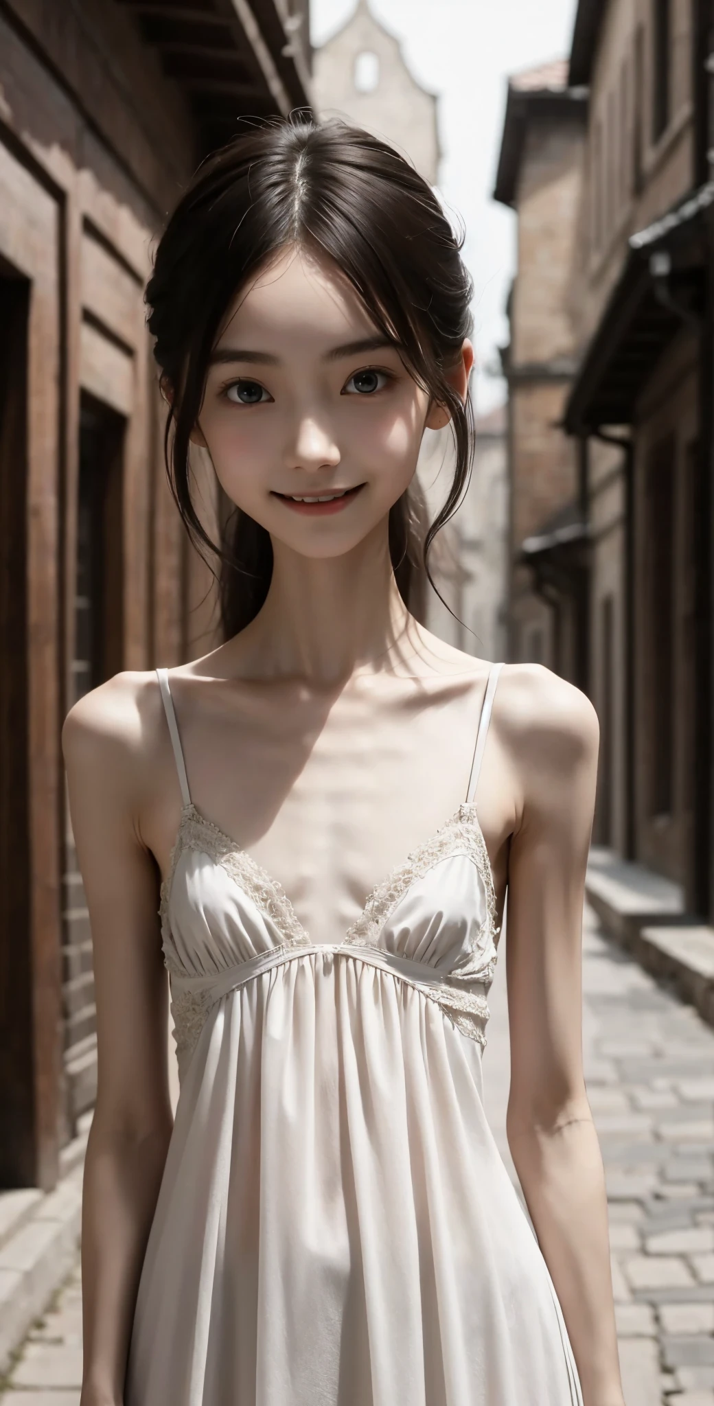 Thin arms,Narrow shoulders,delicate, very skinny ,公式art,  Unity 8k Wallpaper,  super detailed, beautiful, beautiful, masterpiece,  best quality, Darkness,  vibe, mystery, Romanticism, Creepy, literature, art, fashion,  victorian , race,  supernatural ,smile, white skin