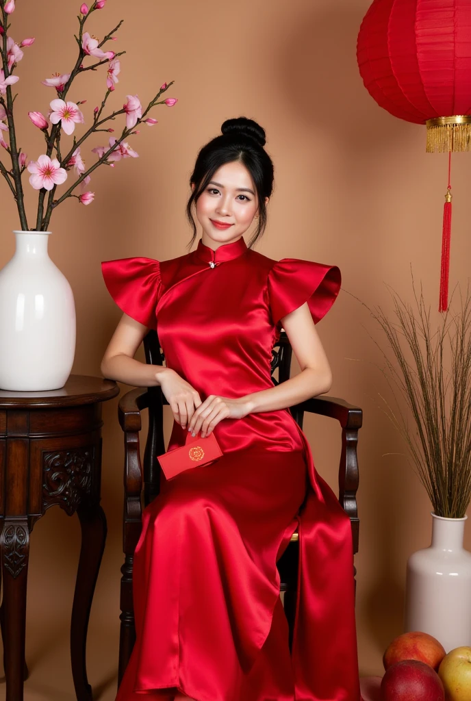 mymy, A high-fashion editorial shot of a Lisamy dressed in a vibrant red silk ao dai with exaggerated, stylized sleeves and a dramatic high collar. Her hair is arranged in a high-fashion, structured bun, with delicate loose strands adding a touch of elegance. She holds a red lì xì envelope, adding a pop of traditional flair. She sits on a vintage wooden chair with intricate carvings, flanked by a tall peach blossom in a white vase and a stunning arrangement of traditional Vietnamese fruits, all meticulously styled. The background is adorned with oversized red lanterns and minimal Tet decorations, creating an elevated, chic setting that blends modern editorial photography with cultural heritage