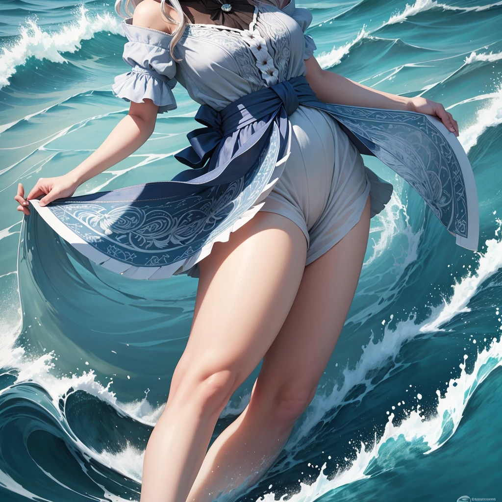 Woman in light blue dress walking to the sea, Long Pink Gloves, Elegant, closeup fantasy with water magic,((vague)), Beautiful maiden, wearing a dress made of water, cleavage, Look at viewers、Watch from below、realistic oil painting, Dripping wet, in water up to her shoulders, Blonde, Woman wet in the waves, Beautiful realistic paintings, nymph in the water, Portrait of hyperrealism at sea, Surreal Fantasy Pictures, Splashing, realistic fantasy painting, Cute shots, Narrow depth of field, Portrait, Sunset, the golden hour, 8K, Drenched, ((Breast drenching)), Dripping water, Drip the oil, Heavy clothing, Soaked in oil, wet all over, Rouge Lipstick, wet dripping hair、
