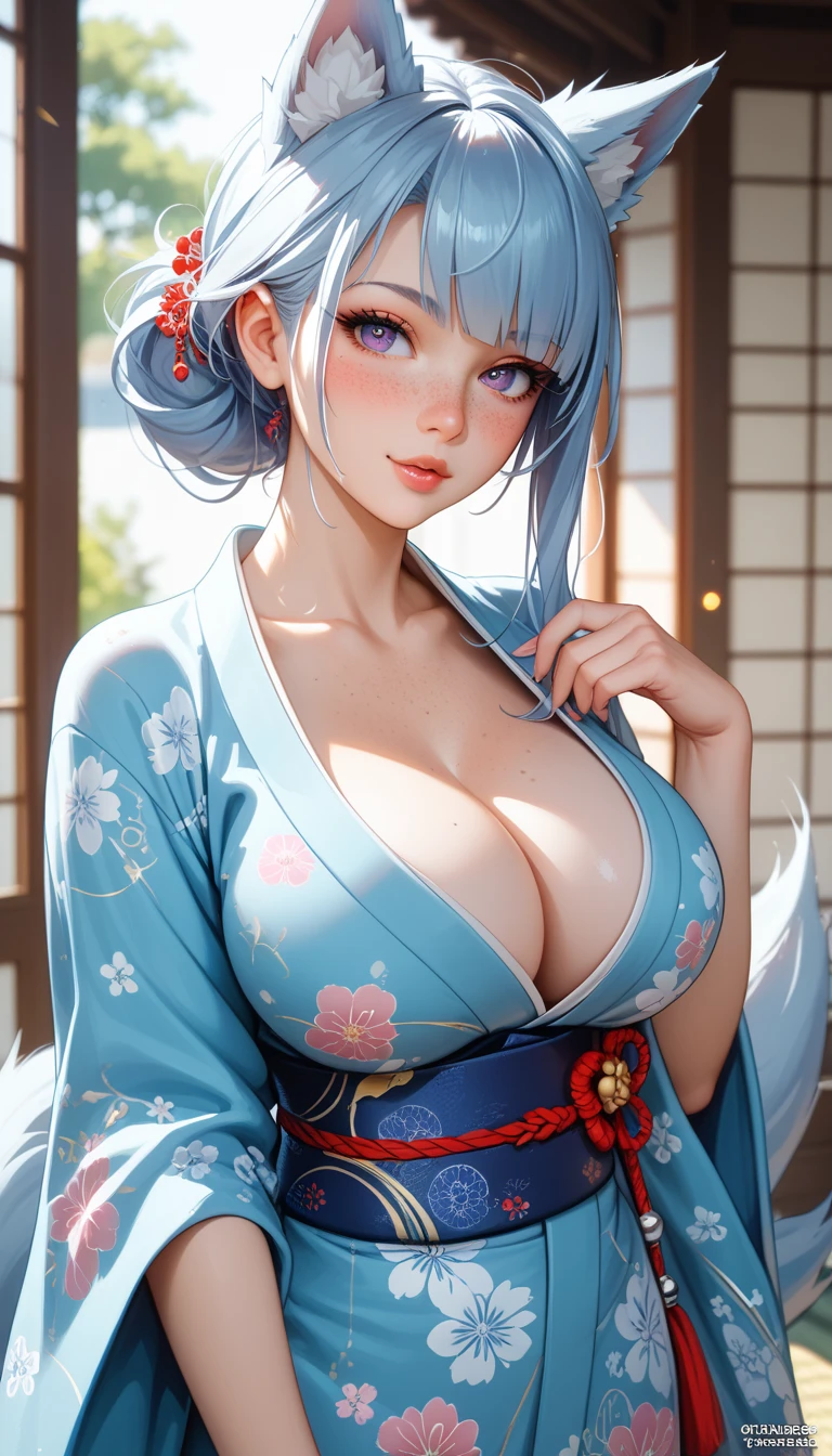 8K picture quality、top-quality、masutepiece，white color hair、Large breasts，cleavage，Off-the-shoulder attire，super high image quality、ultra - detailed、Ultra-realistic hair quality、Vibrant colors、Beautuful Women、Beautiful long hair、Shiny hair、detailed hairs、blue mesh、poneyTail、Blue eyes、shiny skins、Lace underwear、extremely giant breasts、Sweaty forehead and cheeks、Huge ass、Fluffy off-the-shoulder yukata、A smile、soft pink lips、Ultra-realistic flesh、Red cheeks、summer festival in background