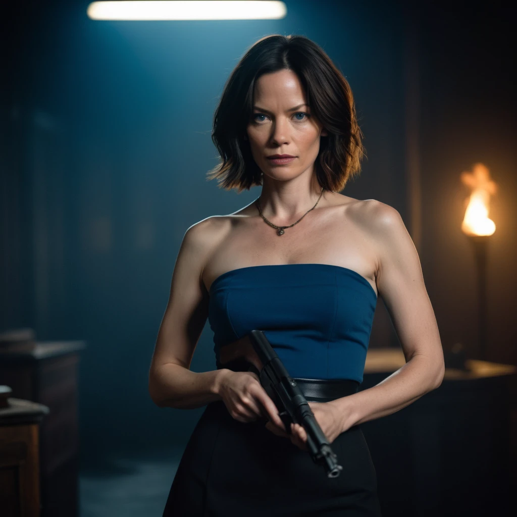 candid photograph of (JillVApocalypse), poses confidently against a dark, mysterious background, wearing a blue strapless shirt, focus in black skirt, Sienna Guillory, black hair, detailed face, highly detailed, high budget, bokeh, cinemascope, moody, epic, gorgeous, film grain, grainy, holding gun