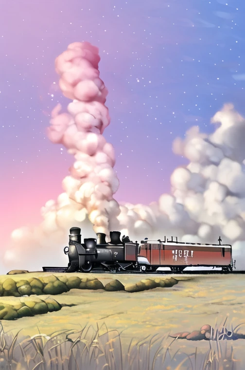  a train that transcends time and space theme 、Illustration，scenery, Running through a rainbow-colored sky ， smoke from a steam engine flows ， A cute little fox looks up at the train, 