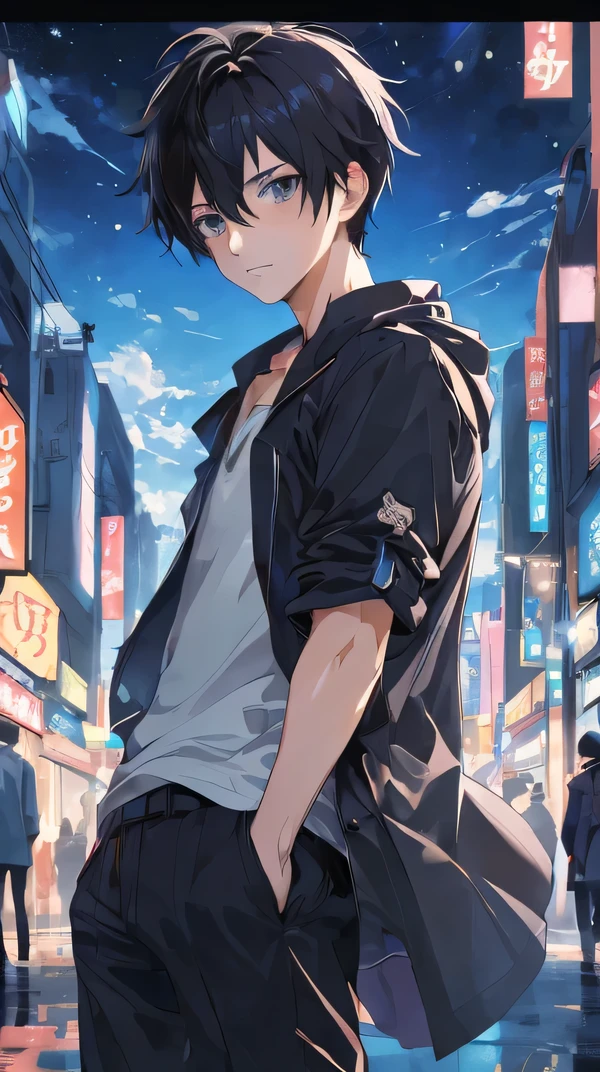 anime boy藍眼睛 in black jacket and standing in the city, 8K anime art wallpaper, anime4k style ,  4k comic wallpaper  , 4k anime wallpaper, 4k anime wallpaper, 4k anime wallpaper,  8k cool anime ,  4k anime art wallpaper ,  4k anime art wallpaper , anime boy年轻, anime boy, Shinkai Makoto style