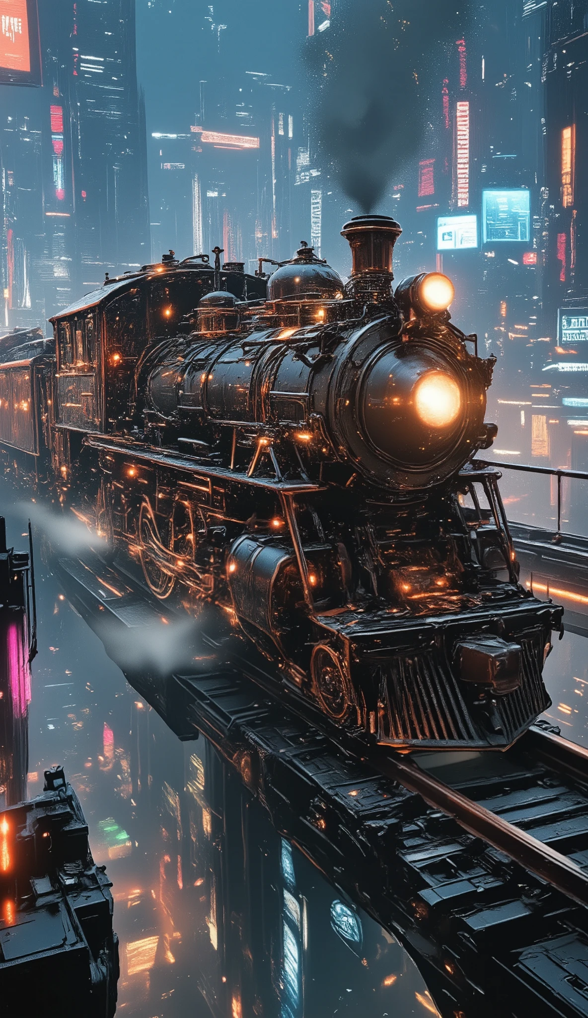 a time traveling train, highly detailed, cinematic perspective, dramatic lighting, steam punk, gears, copper pipes, glowing power sources, science fiction, efecto de velocidad como si pasara un agujero de gusano con muchos colores particulas lumínica, digital art, vibrant colors, dramatic shadows, photorealistic, 8k, best quality, masterpiece