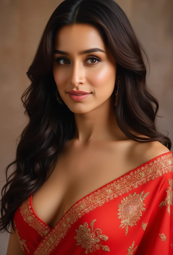 full body photo of sexy shraddha , sexy saree, navel and deep cleavage large breast, mini bra(cinematic:1.3), intricate details, (ArtStation:1.2), long legs