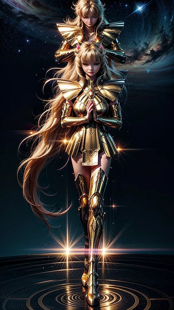 Gemini Armor, gold armor,1girl, armor, Dramatic skies, looking at the audience, armor, Shut up, Upper Body, Serious, helmet, On the Greek temple bridge, whole body.  boots,Solo, Smile, Red Eyes, White long Hair, High Resolution, Masterpiece, High Details, High Quality, Super Detailed, Best Quality, huge boobs, feminisme, sexy, full body, The atmosphere is dramatic and cinematic, with soft, diffused lighting and a sense of quiet power and mystery." Highly detailed, photographic, full body, Athena temple, Belly appear, huge boobs, highly detailed