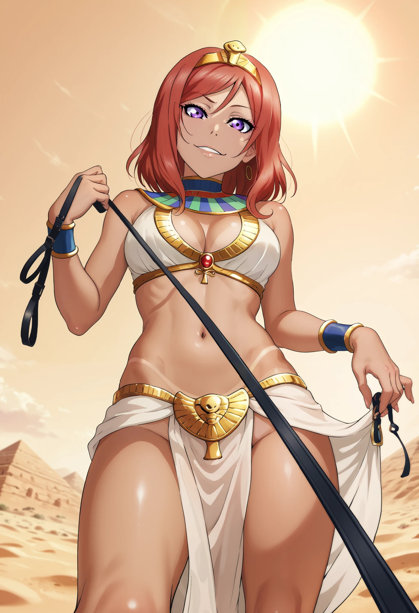 looking at viewer, pov ,navel, cleavage,(wearing sexy Egyptian dress),tiara,in Egyptian desert,sun and pyramid in background, from below, humiliation, seductive, perfect lighting, perfect shadows, nishikino maki, purple eyes,red hair, RUKIA Style, seductive smile,copra,Ectomorph, skinny body,Lean with visible bones,on leash,leash pull,tanned skin