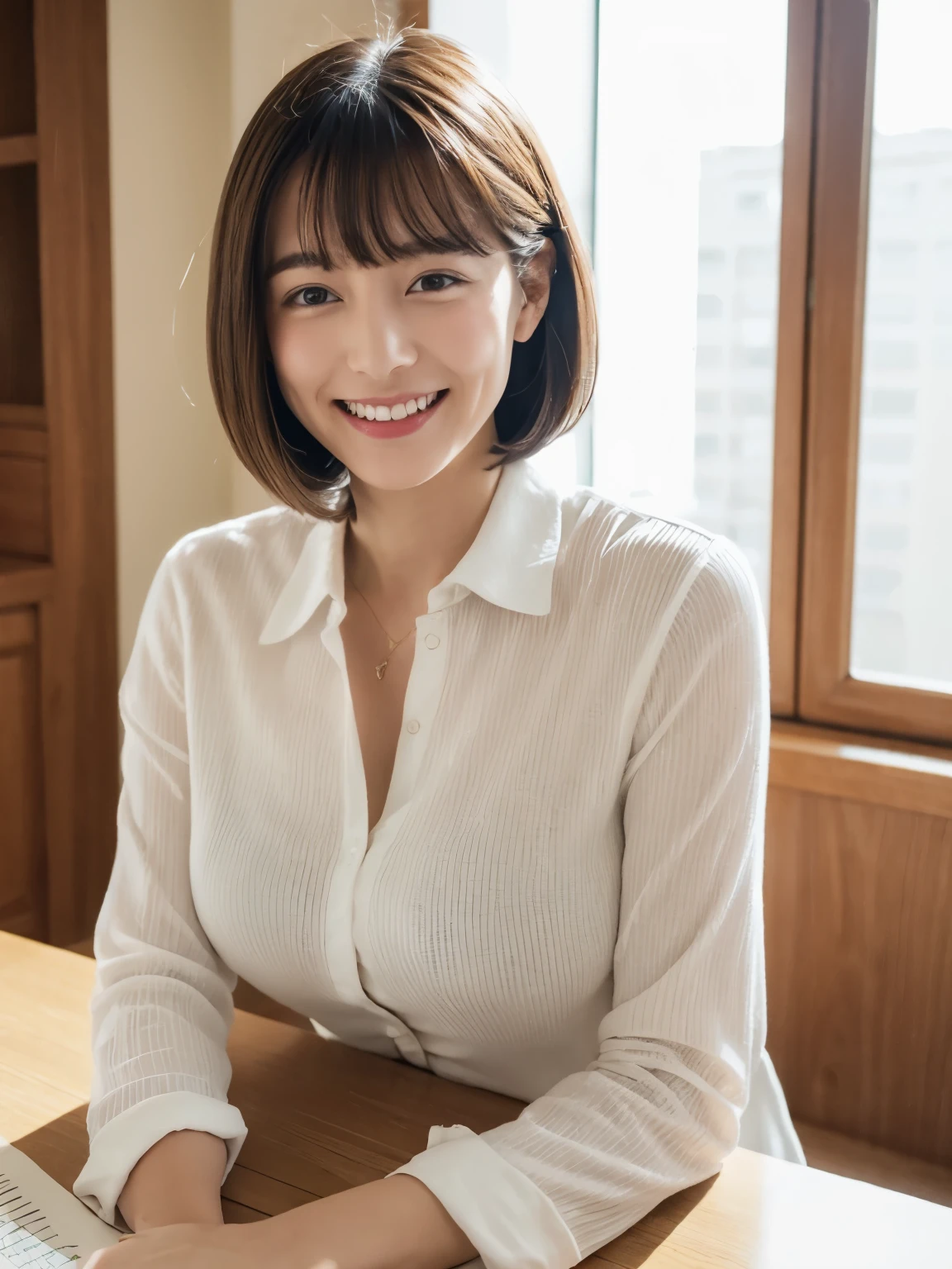 A Japanese girl in a bright, tabletop doctor's office, with incredibly beautiful clear detailed eyes, extremely detailed face, and long exquisite eyelashes, is the focal point of the image. She captivates viewers with her stunning features. Her very short fluffy red hair adds a touch of uniqueness to her appearance, while her slender figure exudes elegance.
The girl dons a sexy, slim-fitting doctor uniform made of shiny fabric. The uniform flawlessly contours to her curves, accentuating her sensual beauty. This eye-catching ensemble enhances the allure of the overall composition.
The scene is professionally lit, with a focus on the girl's face, creating a soft, smooth glow. The brightness of the lighting enhances the vibrant colors throughout the image, adding to its visual impact. The overall color palette is carefully chosen to evoke a sense of sophistication and elegance.
The tabletop doctor's office is thoughtfully arranged with various props, such as medical equipment and books, to create an authentic and immersive setting. These details not only contribute to the overall composition but also provide context for the girl's role as a doctor in the image.
The girl gazes directly into the camera with an erotic smile, her lips slightly parted, conveying a sense of ecstasy and orgasm. Her expression adds a level of playfulness and intrigue to the image, inviting the viewer to explore the depth of her character.
The composition of the image emphasizes the girl's delicate body and narrow shoulders, accentuating her feminine charm. The positioning and framing create a sense of intimacy while showcasing her captivating beauty.
The image quality is of the highest caliber, with sharp details and vivid colors. It is meticulously rendered, enabling viewers to appreciate every intricate feature and texture. The resolution is suitable for various applications, including use as a wallpaper or printing as a masterpiece.
Overall, this image is a realistic and captivating
