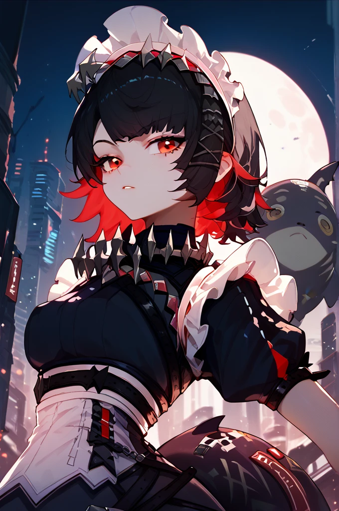 ellen joe (zenless zone zero), black hair with red locks, red locks, red eyes, red nail, shark tail, black tail, maid dress, futuristic city, night, moon