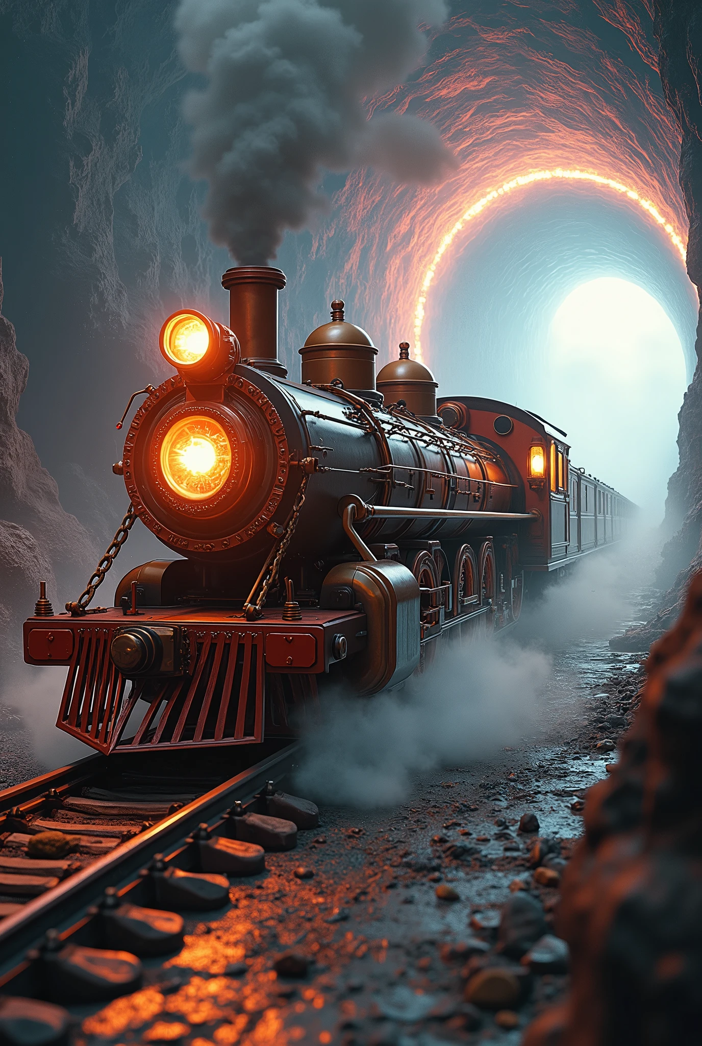 a time traveling train, highly detailed, cinematic perspective, dramatic lighting, steam punk, gears, copper pipes, glowing power sources, science fiction, efecto de velocidad como si pasara un agujero de gusano con muchos colores particulas lumínica, digital art, vibrant colors, dramatic shadows, photorealistic, 8k, best quality, masterpiece