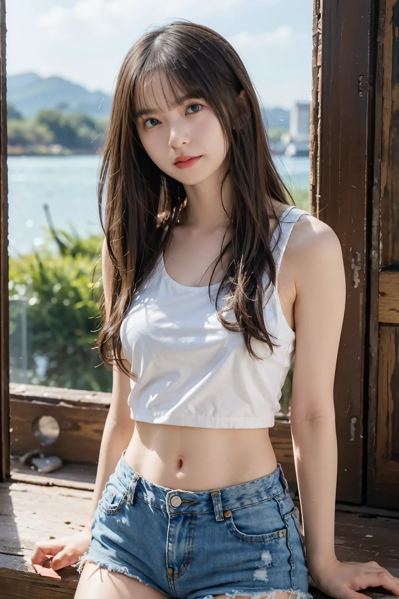 Central chest, beautiful and amazing eyes, ( long hair:1.2), ( long hairと前髪付き ),(8k, best quality, masterpiece:1.2), (Realistic, Realistic:1.37), Very detailed, 1 girl, cute, Alone,(white tank top and distressed denim shorts:1.2)、belly button、Look forward, is showing the whole body, sexy girl portrait, Blue sky and clouds, sandy beach、Midsummer,